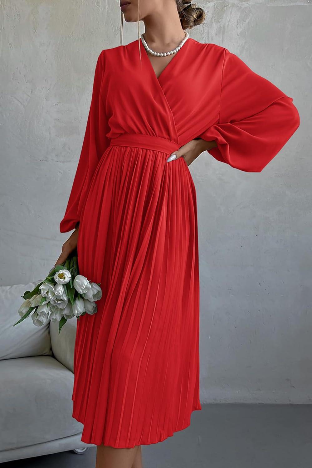 imagePRETTYGARDEN Womens Spring Midi Dress Long Puff Sleeve Wrap V Neck Flowy Ruffle Pleated Casual Fall DressesBright Red