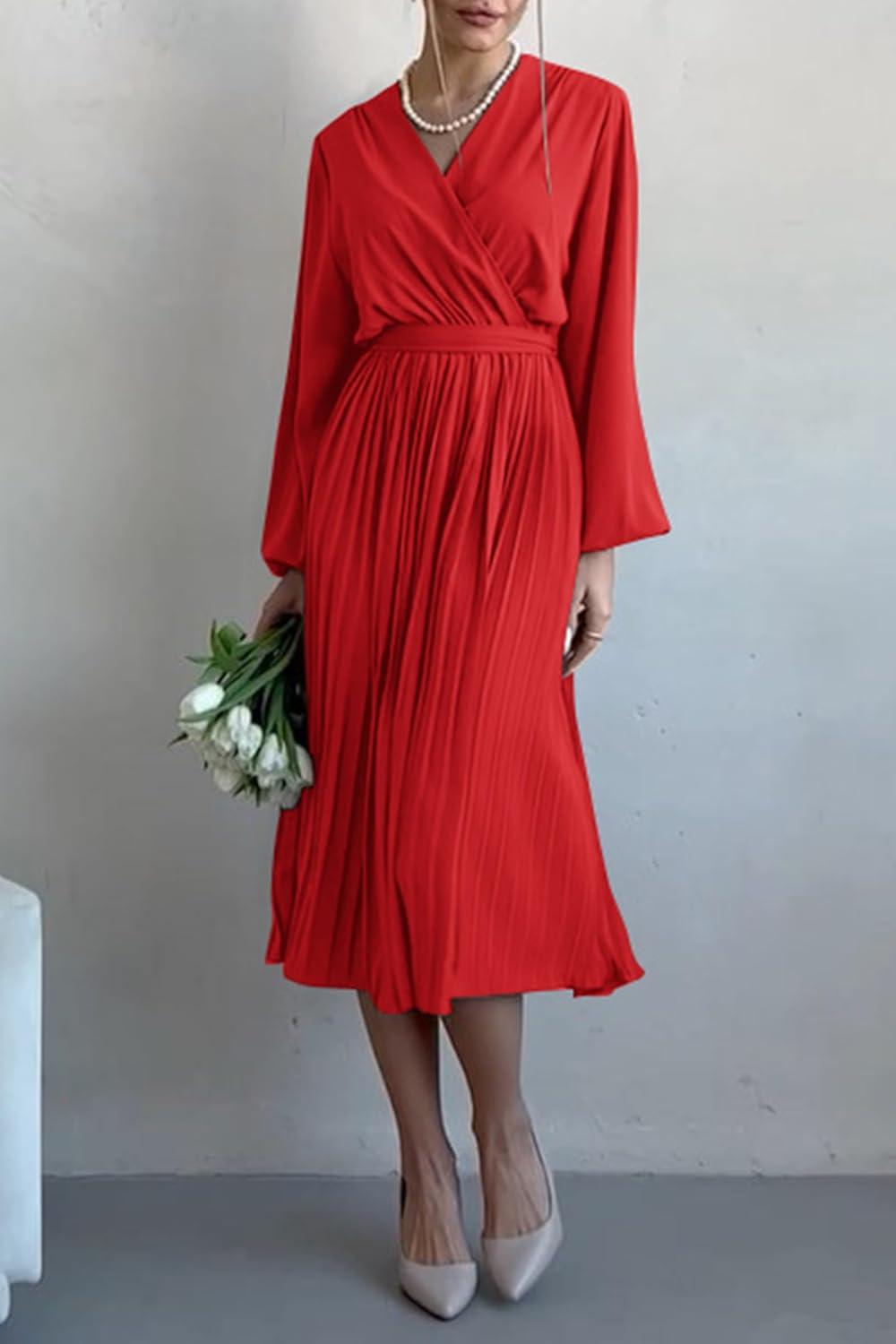 imagePRETTYGARDEN Womens Spring Midi Dress Long Puff Sleeve Wrap V Neck Flowy Ruffle Pleated Casual Fall DressesBright Red