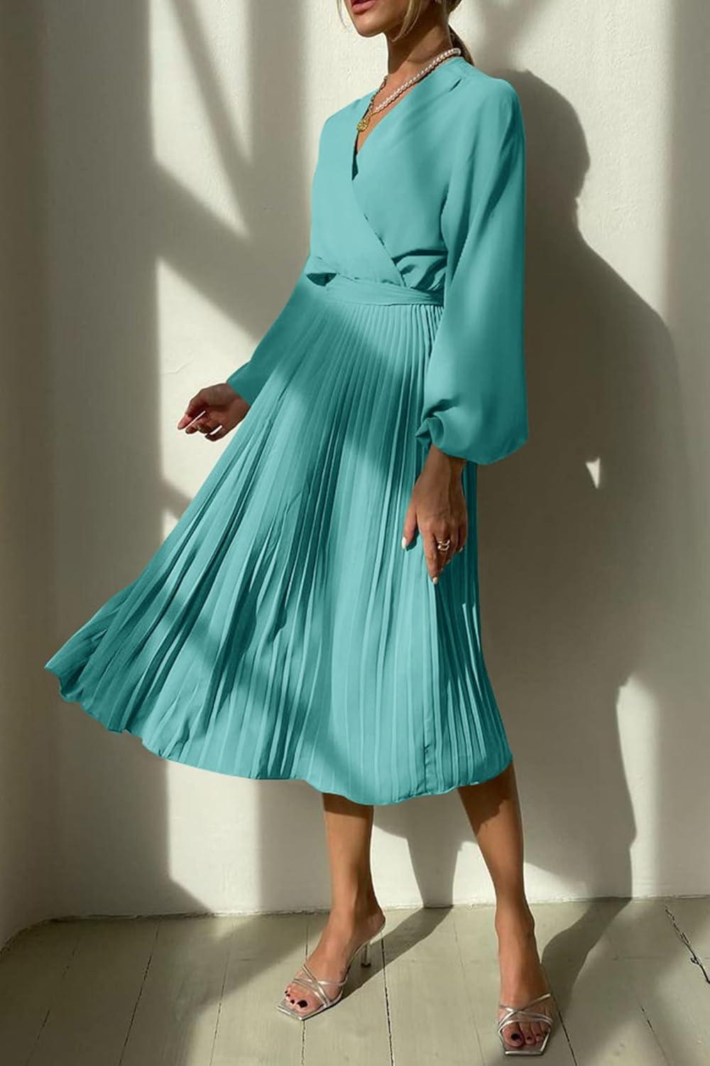 imagePRETTYGARDEN Womens Spring Midi Dress Long Puff Sleeve Wrap V Neck Flowy Ruffle Pleated Casual Fall DressesCyan
