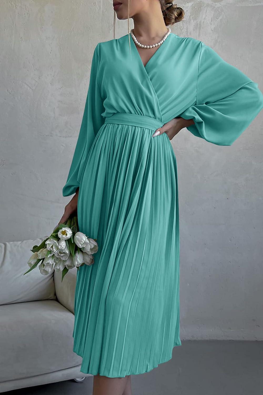 imagePRETTYGARDEN Womens Spring Midi Dress Long Puff Sleeve Wrap V Neck Flowy Ruffle Pleated Casual Fall DressesCyan