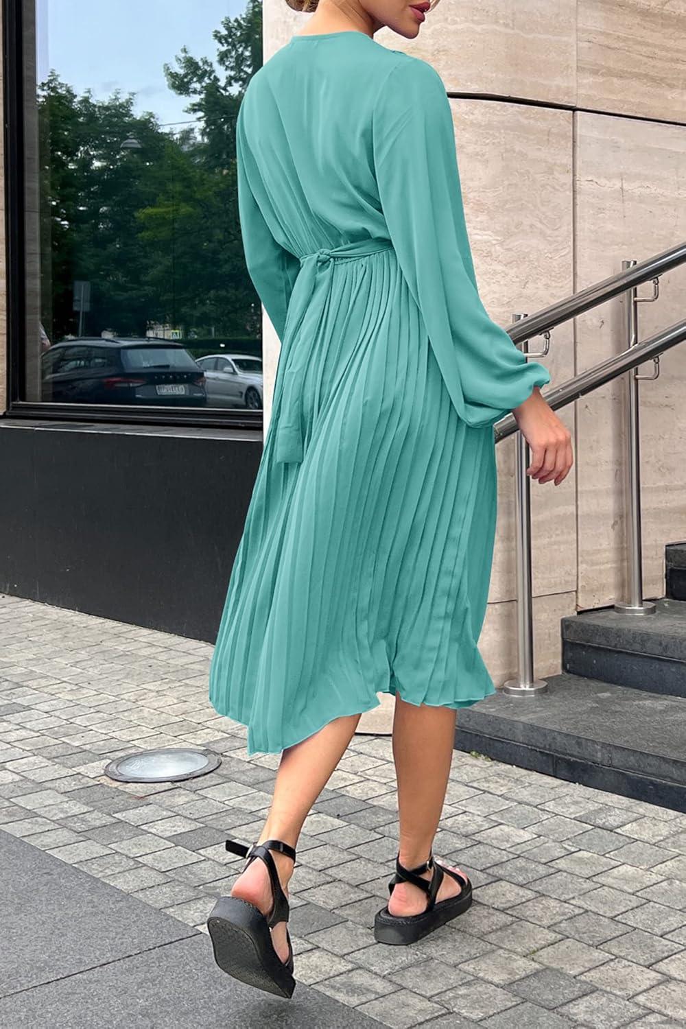 imagePRETTYGARDEN Womens Spring Midi Dress Long Puff Sleeve Wrap V Neck Flowy Ruffle Pleated Casual Fall DressesCyan