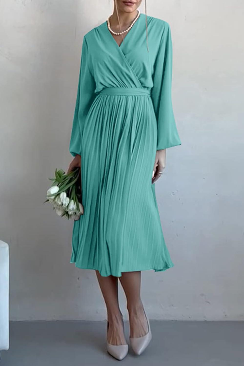 imagePRETTYGARDEN Womens Spring Midi Dress Long Puff Sleeve Wrap V Neck Flowy Ruffle Pleated Casual Fall DressesCyan