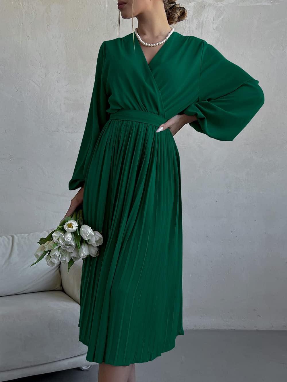 imagePRETTYGARDEN Womens Spring Midi Dress Long Puff Sleeve Wrap V Neck Flowy Ruffle Pleated Casual Fall DressesDark Green