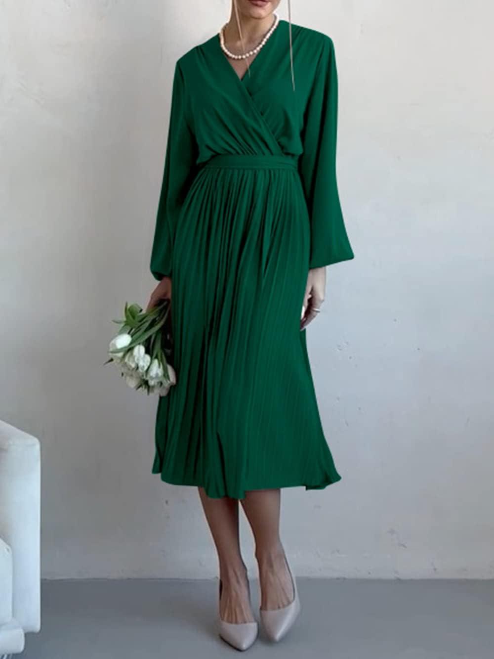 imagePRETTYGARDEN Womens Spring Midi Dress Long Puff Sleeve Wrap V Neck Flowy Ruffle Pleated Casual Fall DressesDark Green