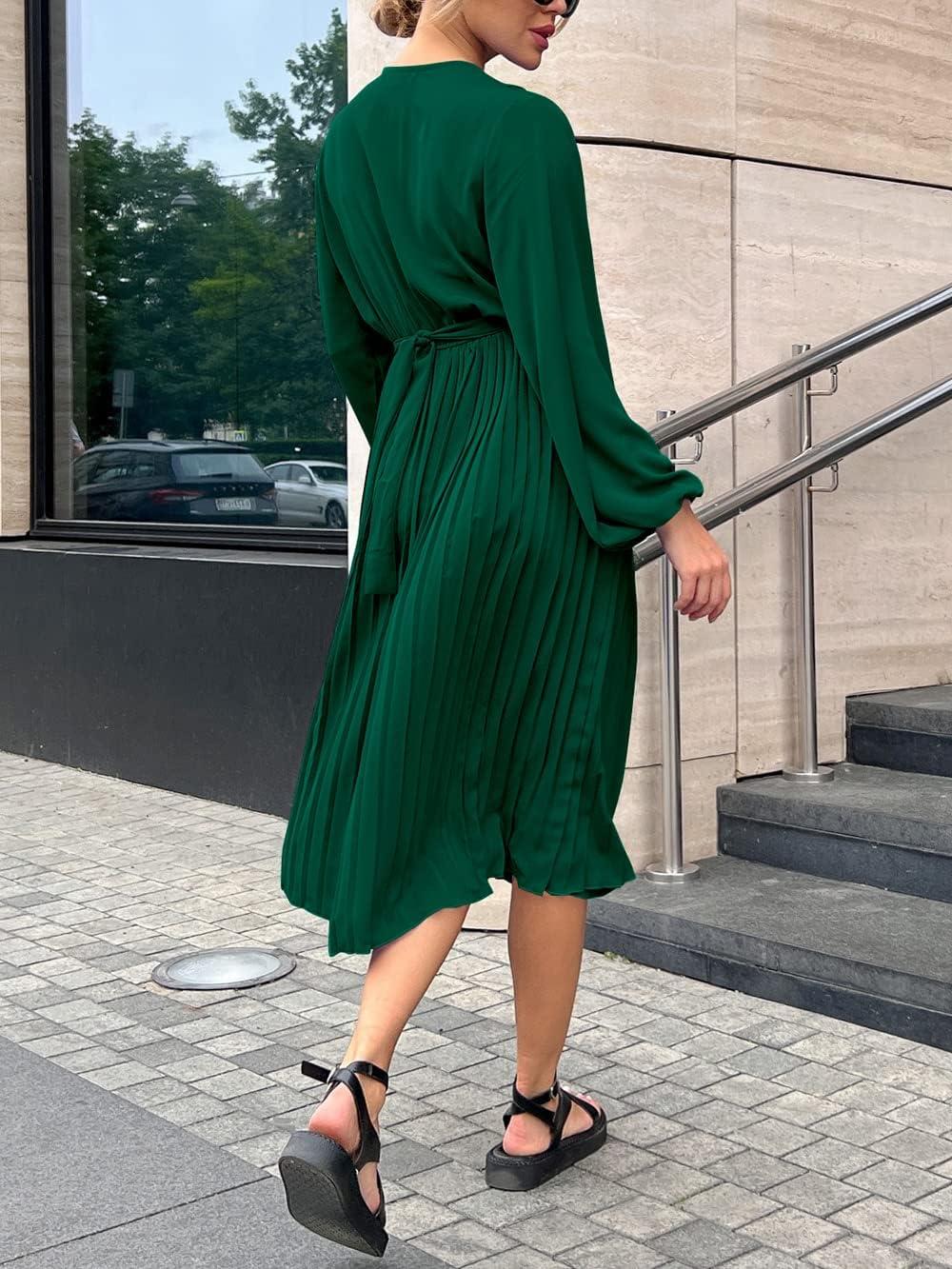 imagePRETTYGARDEN Womens Spring Midi Dress Long Puff Sleeve Wrap V Neck Flowy Ruffle Pleated Casual Fall DressesDark Green