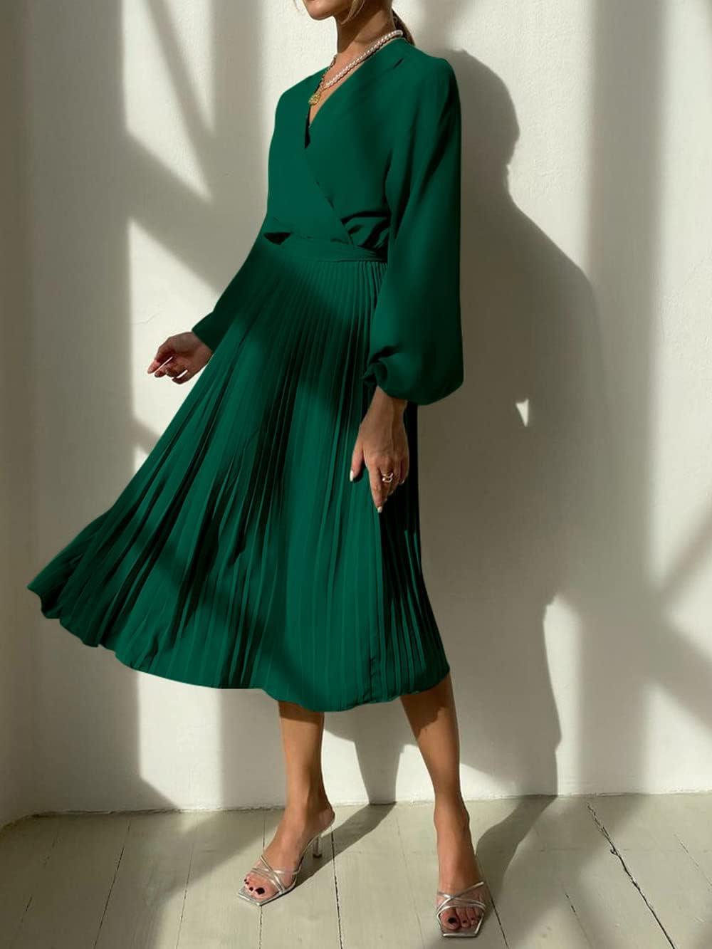 imagePRETTYGARDEN Womens Spring Midi Dress Long Puff Sleeve Wrap V Neck Flowy Ruffle Pleated Casual Fall DressesDark Green
