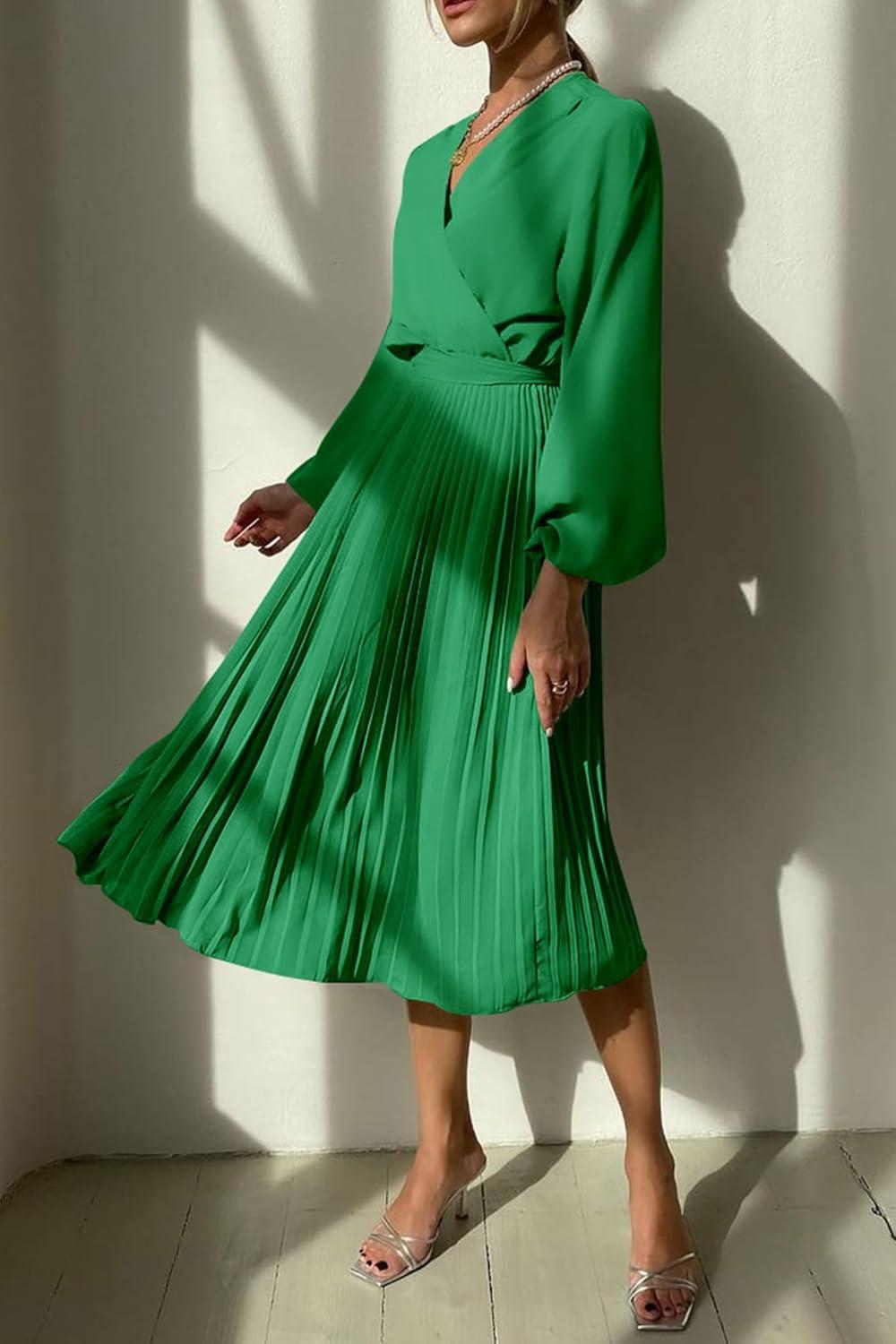 imagePRETTYGARDEN Womens Spring Midi Dress Long Puff Sleeve Wrap V Neck Flowy Ruffle Pleated Casual Fall DressesGreen