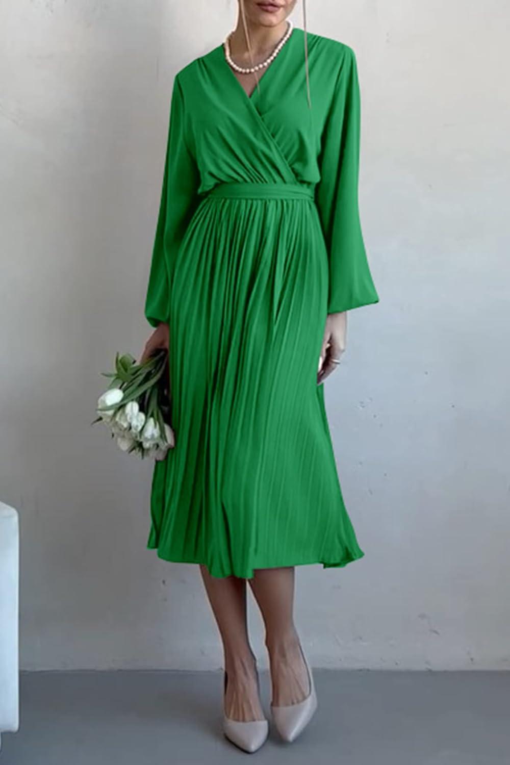 imagePRETTYGARDEN Womens Spring Midi Dress Long Puff Sleeve Wrap V Neck Flowy Ruffle Pleated Casual Fall DressesGreen