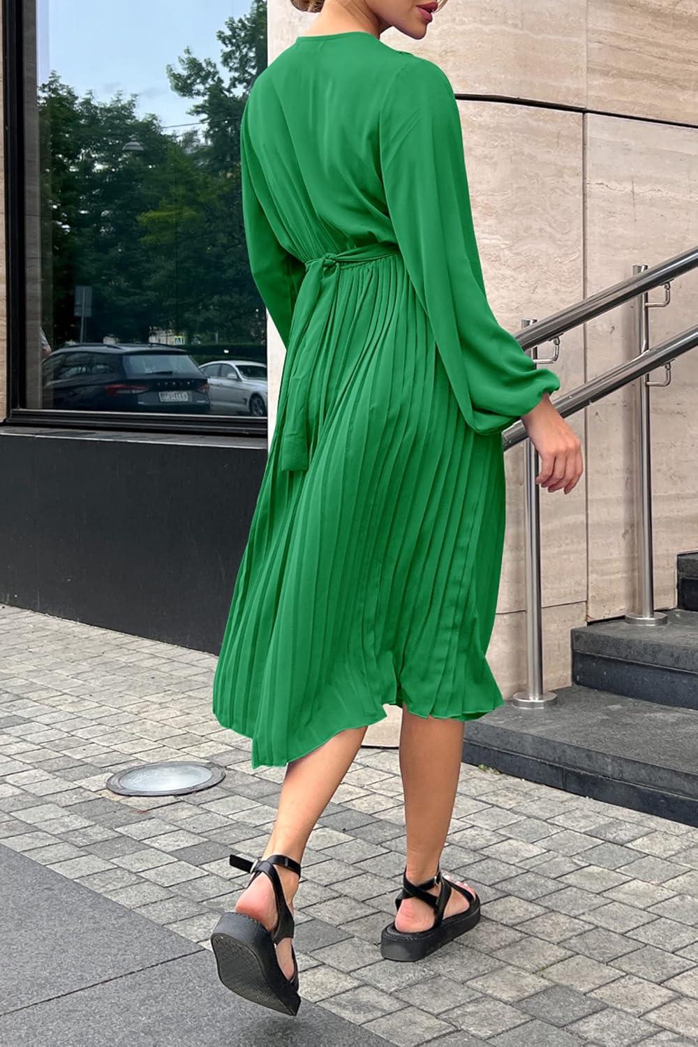 imagePRETTYGARDEN Womens Spring Midi Dress Long Puff Sleeve Wrap V Neck Flowy Ruffle Pleated Casual Fall DressesGreen