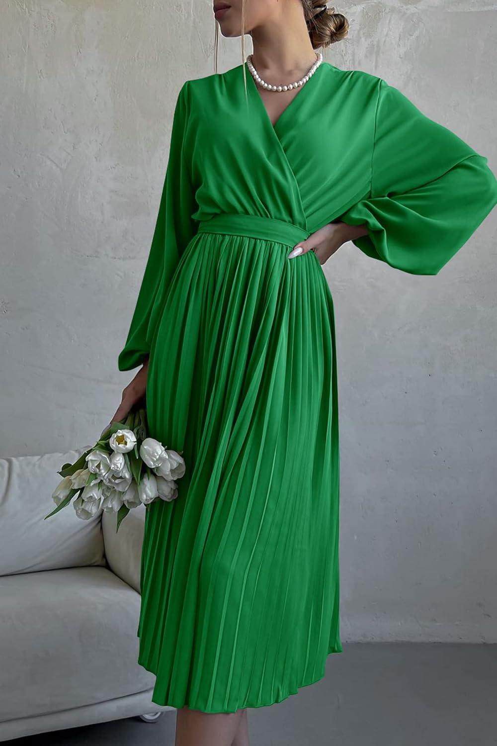 imagePRETTYGARDEN Womens Spring Midi Dress Long Puff Sleeve Wrap V Neck Flowy Ruffle Pleated Casual Fall DressesGreen