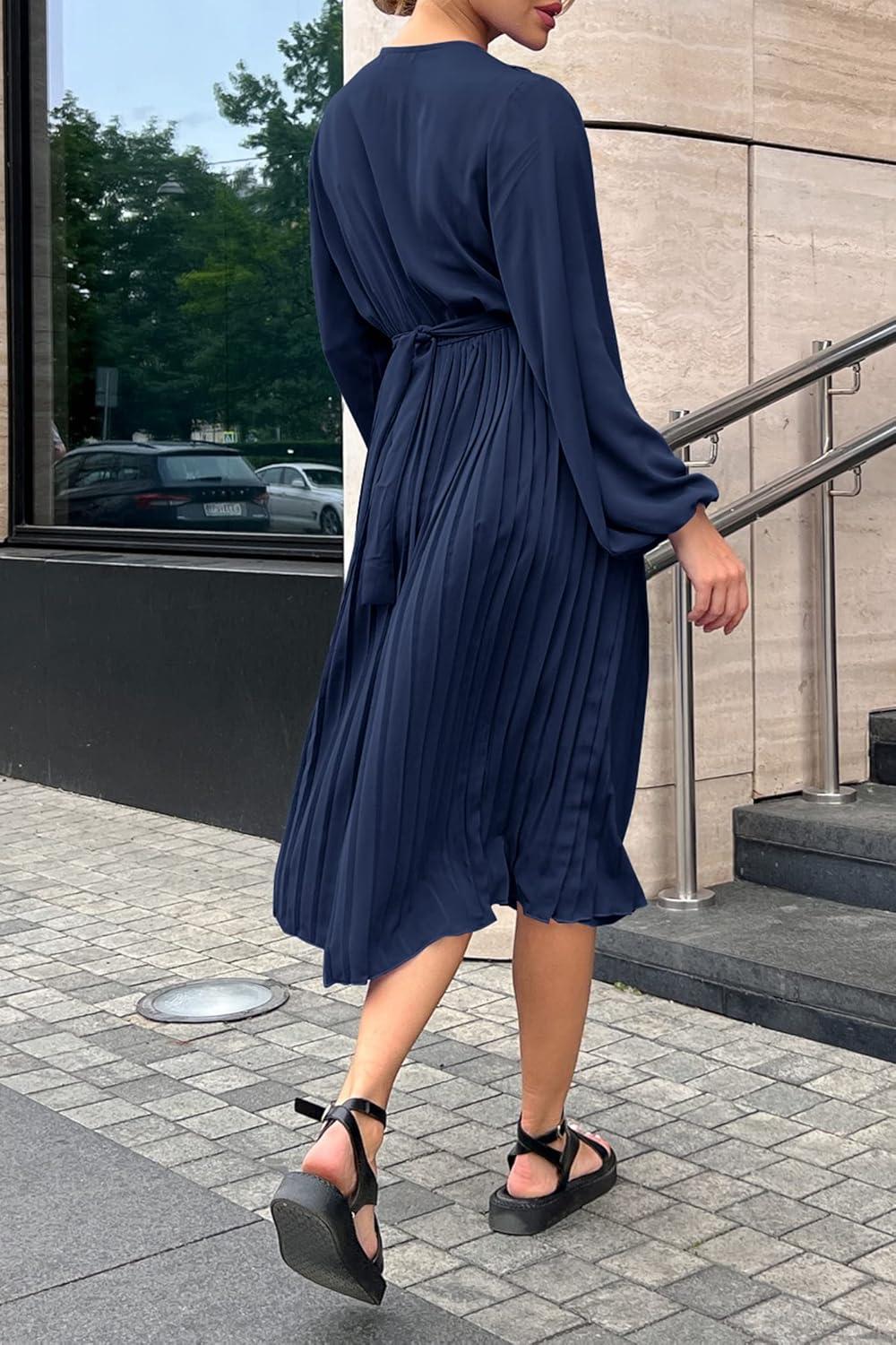 imagePRETTYGARDEN Womens Spring Midi Dress Long Puff Sleeve Wrap V Neck Flowy Ruffle Pleated Casual Fall DressesNavy