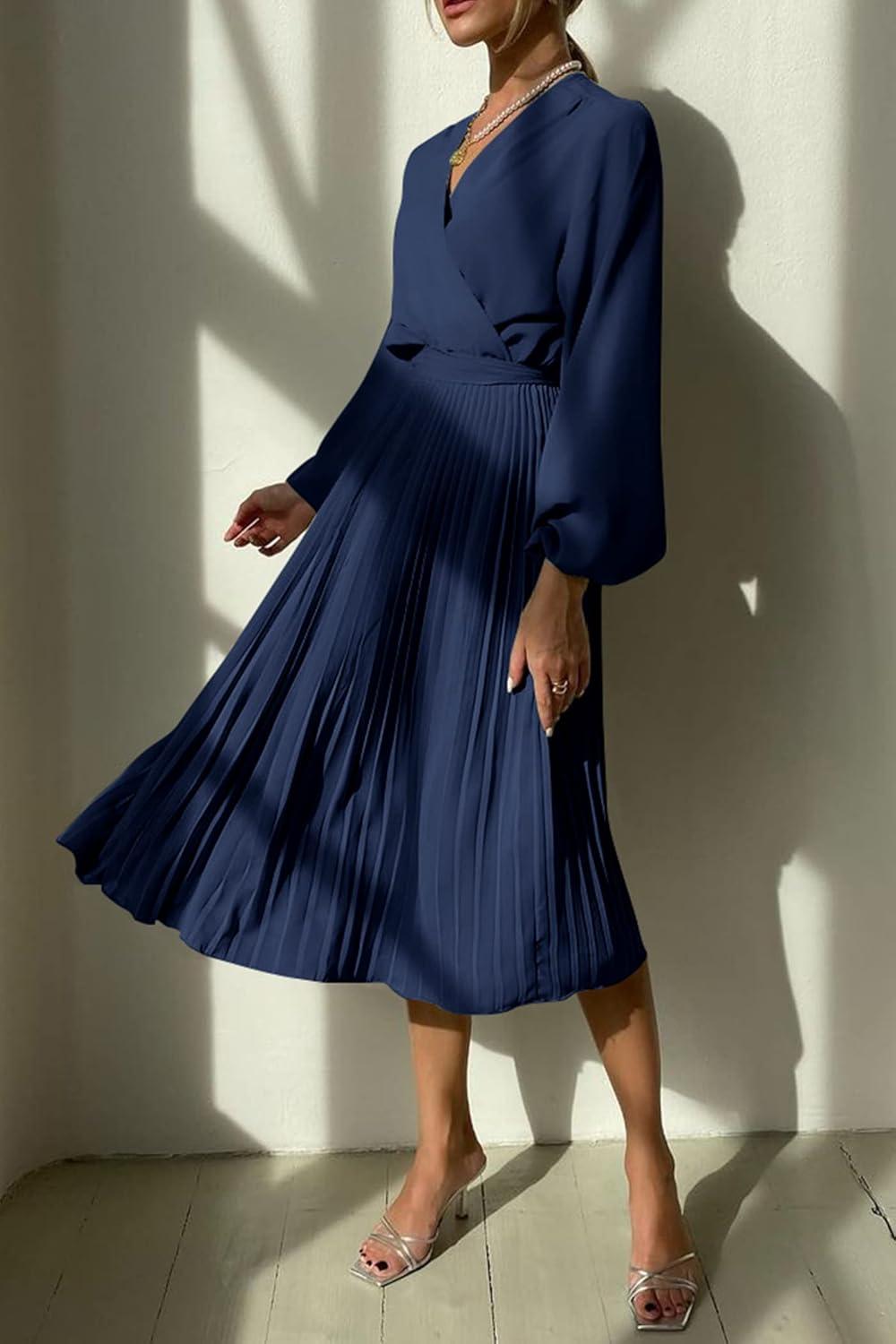 imagePRETTYGARDEN Womens Spring Midi Dress Long Puff Sleeve Wrap V Neck Flowy Ruffle Pleated Casual Fall DressesNavy