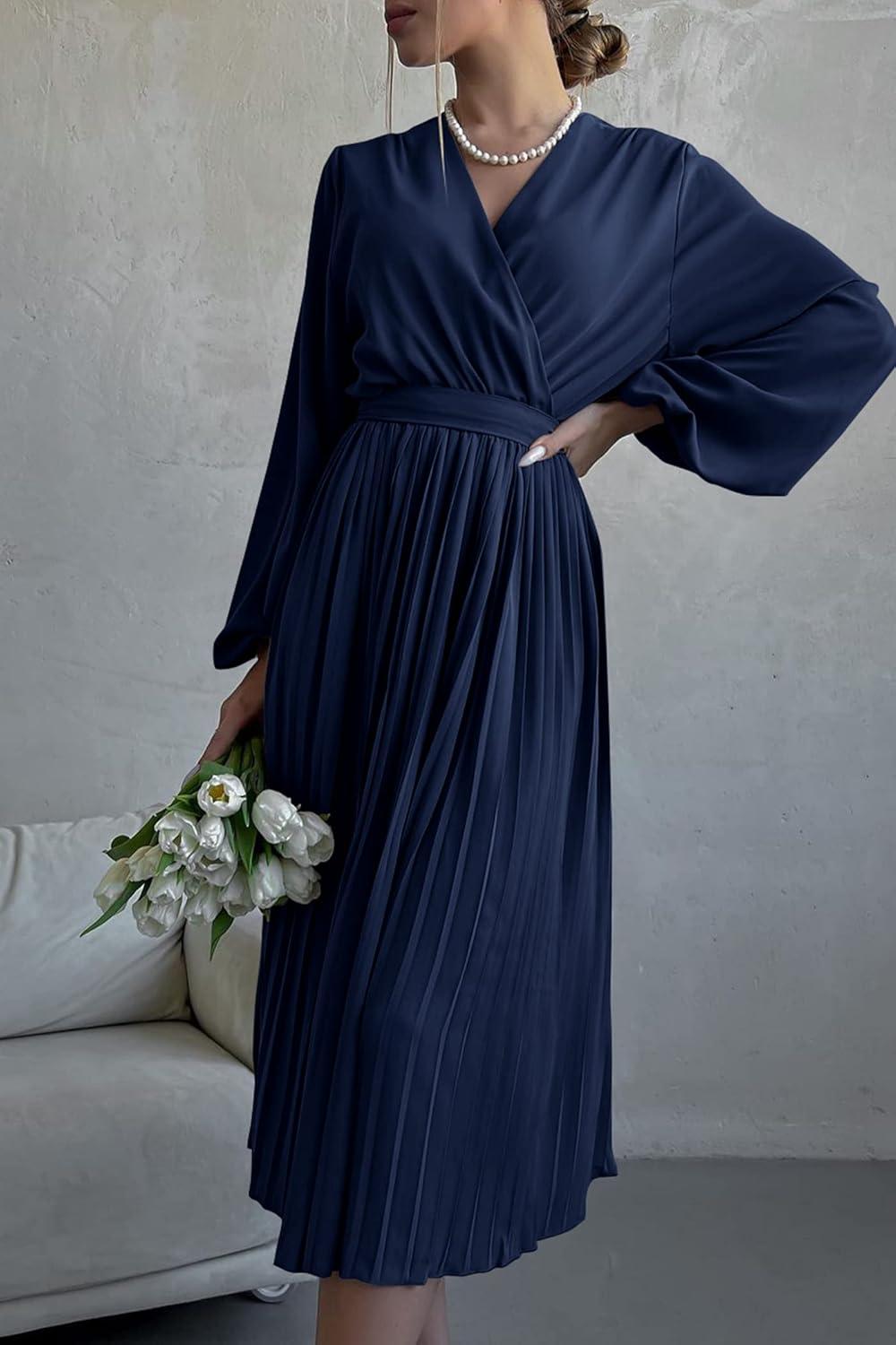 imagePRETTYGARDEN Womens Spring Midi Dress Long Puff Sleeve Wrap V Neck Flowy Ruffle Pleated Casual Fall DressesNavy