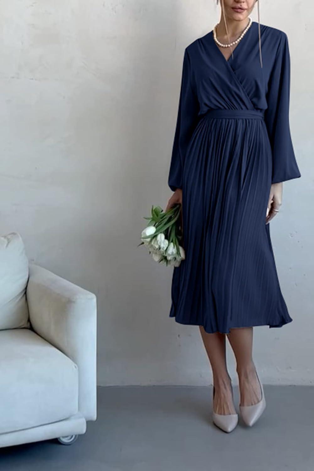 imagePRETTYGARDEN Womens Spring Midi Dress Long Puff Sleeve Wrap V Neck Flowy Ruffle Pleated Casual Fall DressesNavy