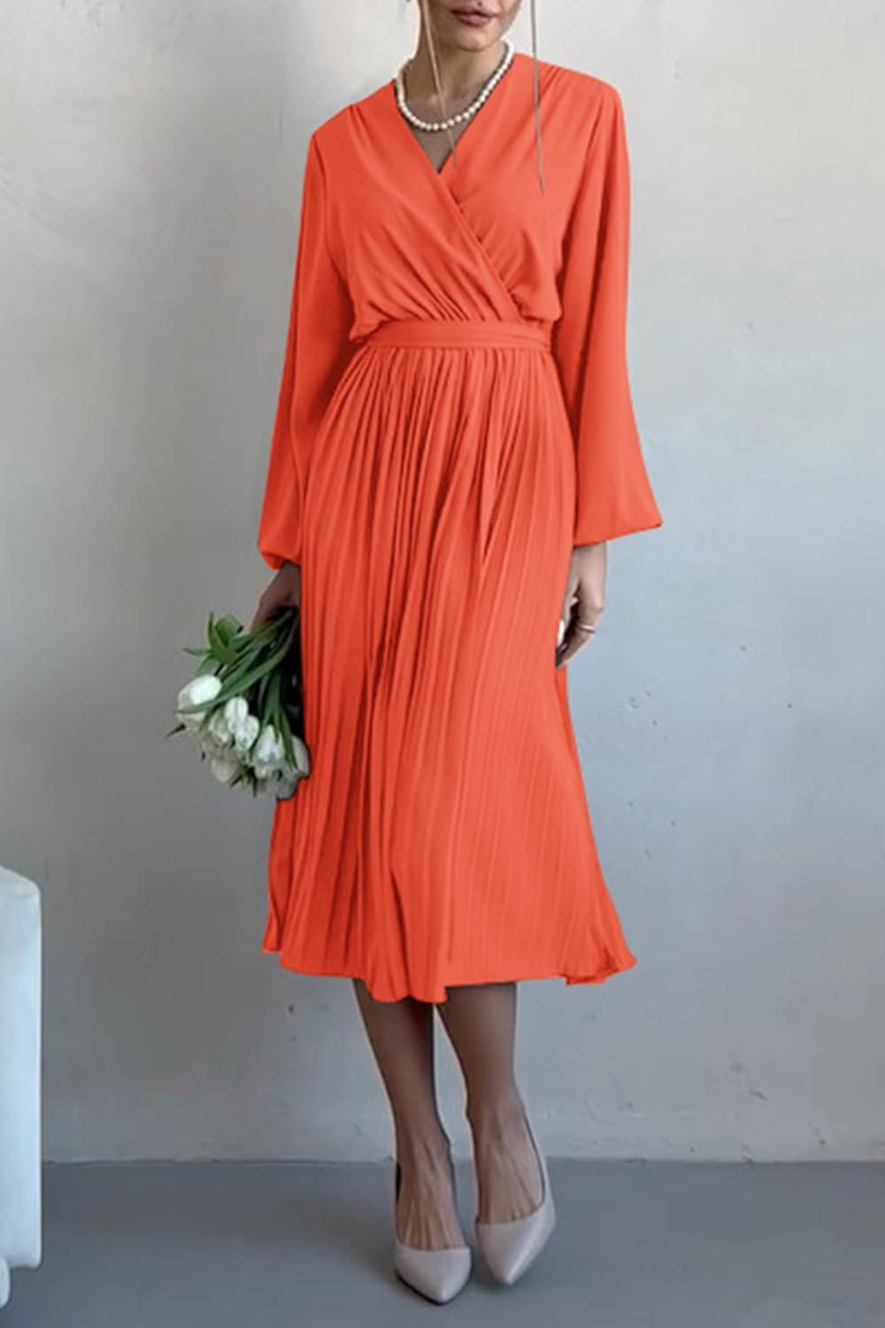 imagePRETTYGARDEN Womens Spring Midi Dress Long Puff Sleeve Wrap V Neck Flowy Ruffle Pleated Casual Fall DressesOrange