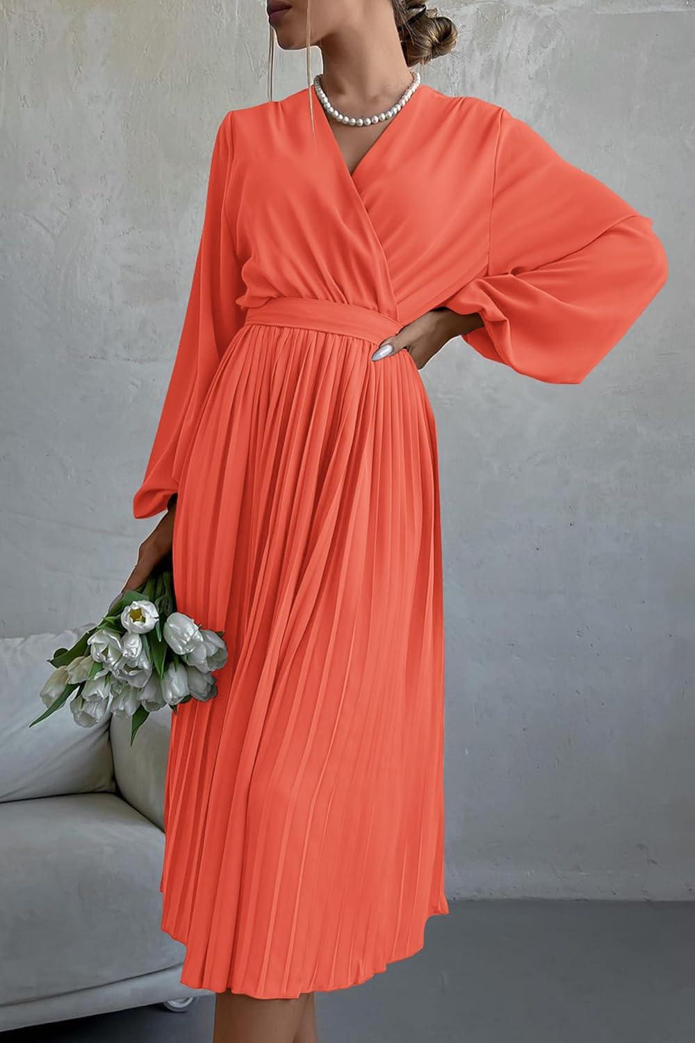 imagePRETTYGARDEN Womens Spring Midi Dress Long Puff Sleeve Wrap V Neck Flowy Ruffle Pleated Casual Fall DressesOrange