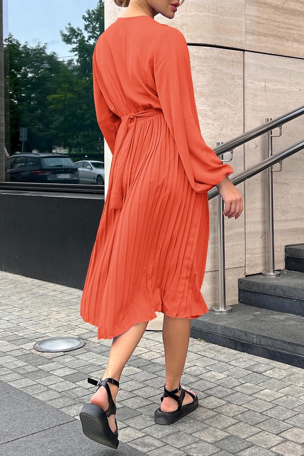 imagePRETTYGARDEN Womens Spring Midi Dress Long Puff Sleeve Wrap V Neck Flowy Ruffle Pleated Casual Fall DressesOrange