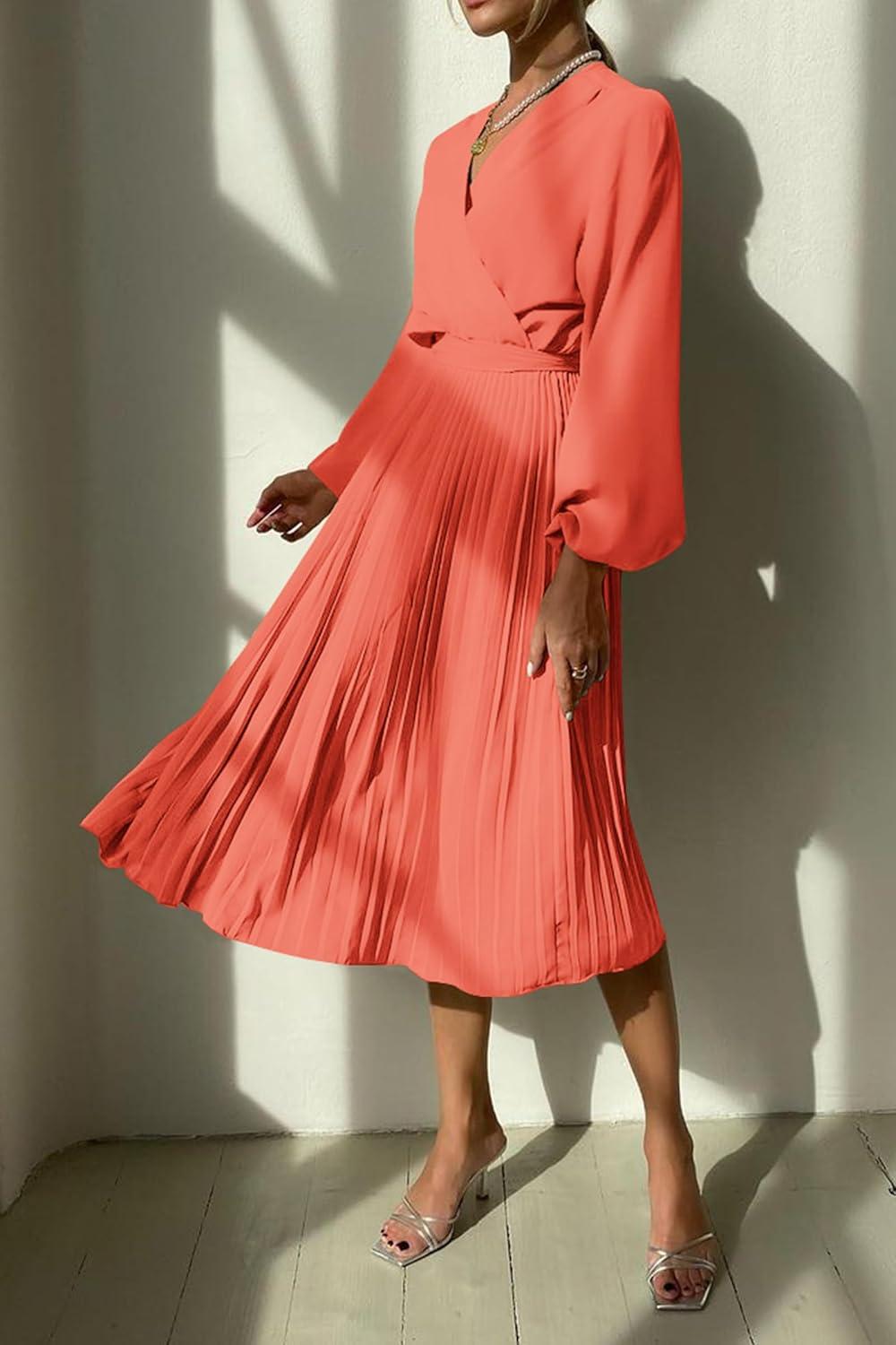 imagePRETTYGARDEN Womens Spring Midi Dress Long Puff Sleeve Wrap V Neck Flowy Ruffle Pleated Casual Fall DressesOrange