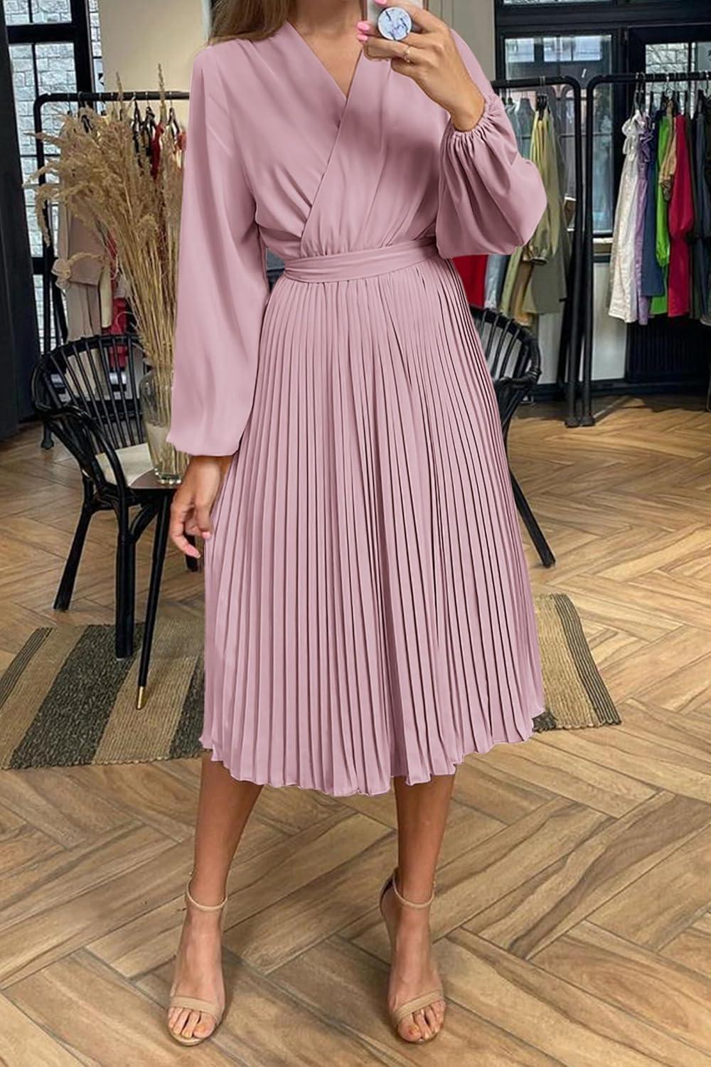imagePRETTYGARDEN Womens Spring Midi Dress Long Puff Sleeve Wrap V Neck Flowy Ruffle Pleated Casual Fall DressesPink