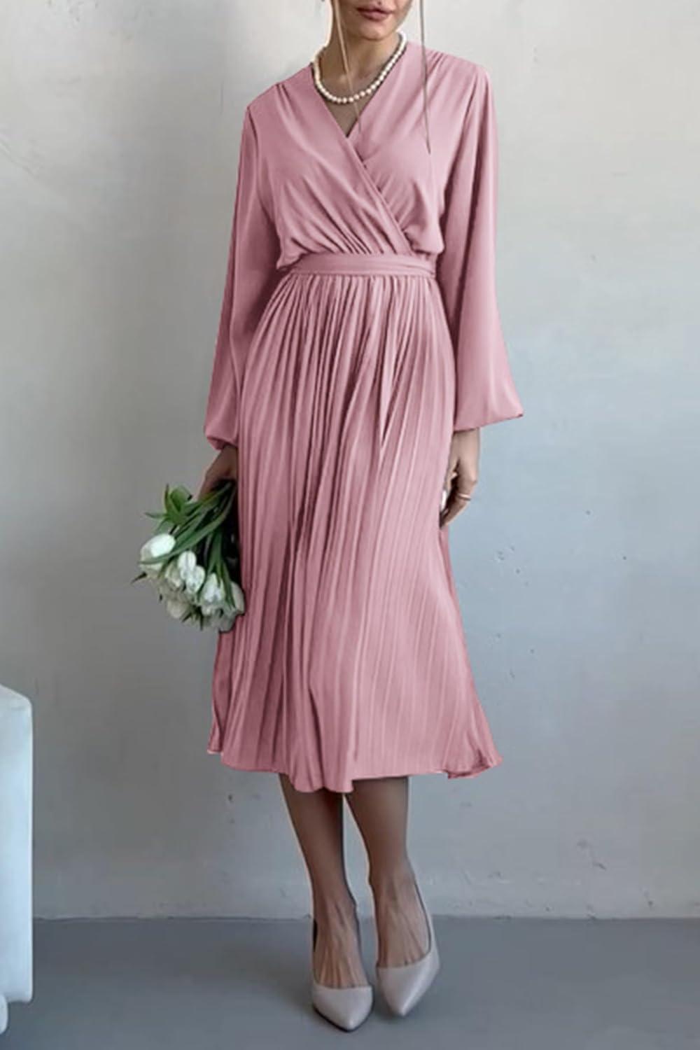 imagePRETTYGARDEN Womens Spring Midi Dress Long Puff Sleeve Wrap V Neck Flowy Ruffle Pleated Casual Fall DressesPink