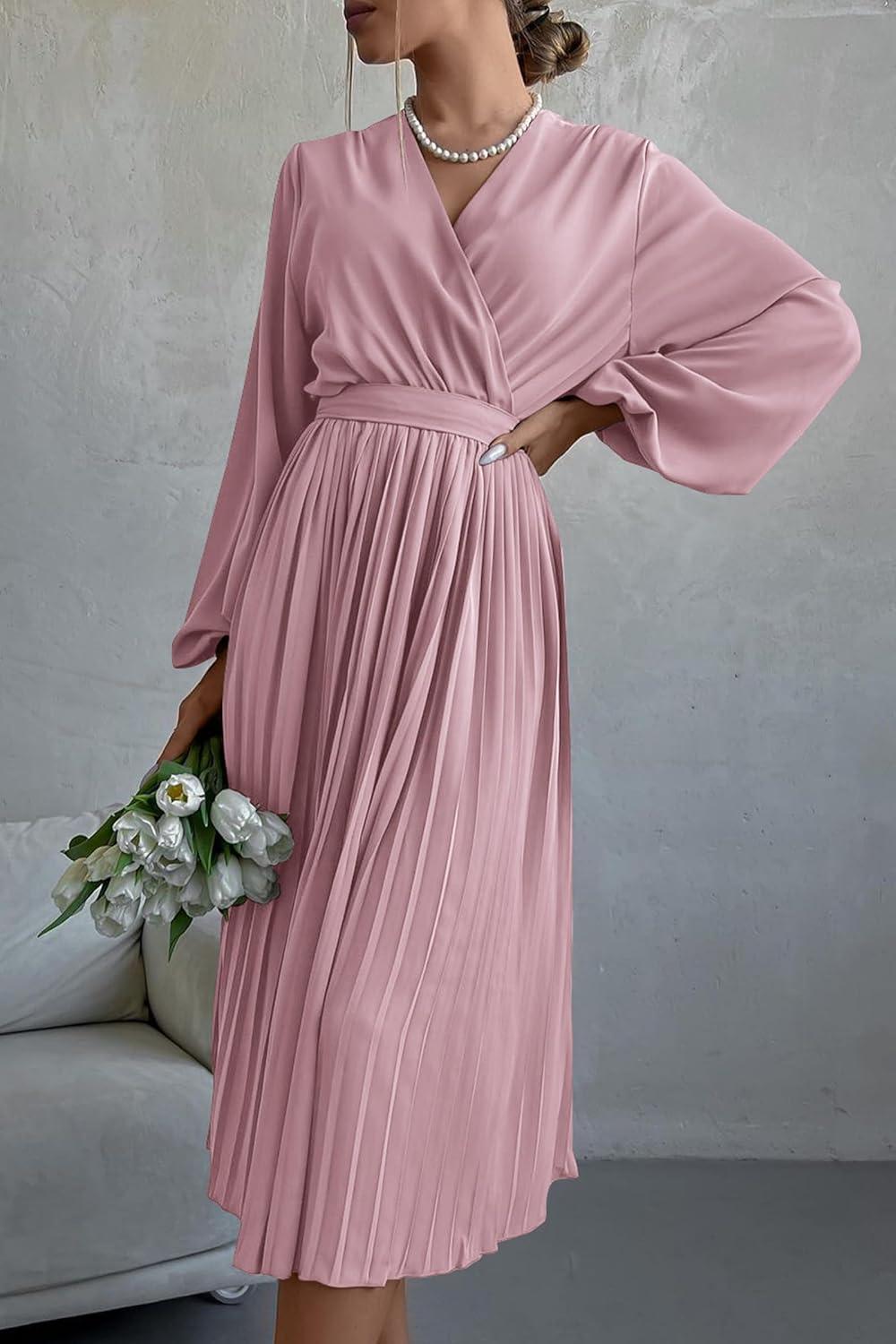 imagePRETTYGARDEN Womens Spring Midi Dress Long Puff Sleeve Wrap V Neck Flowy Ruffle Pleated Casual Fall DressesPink