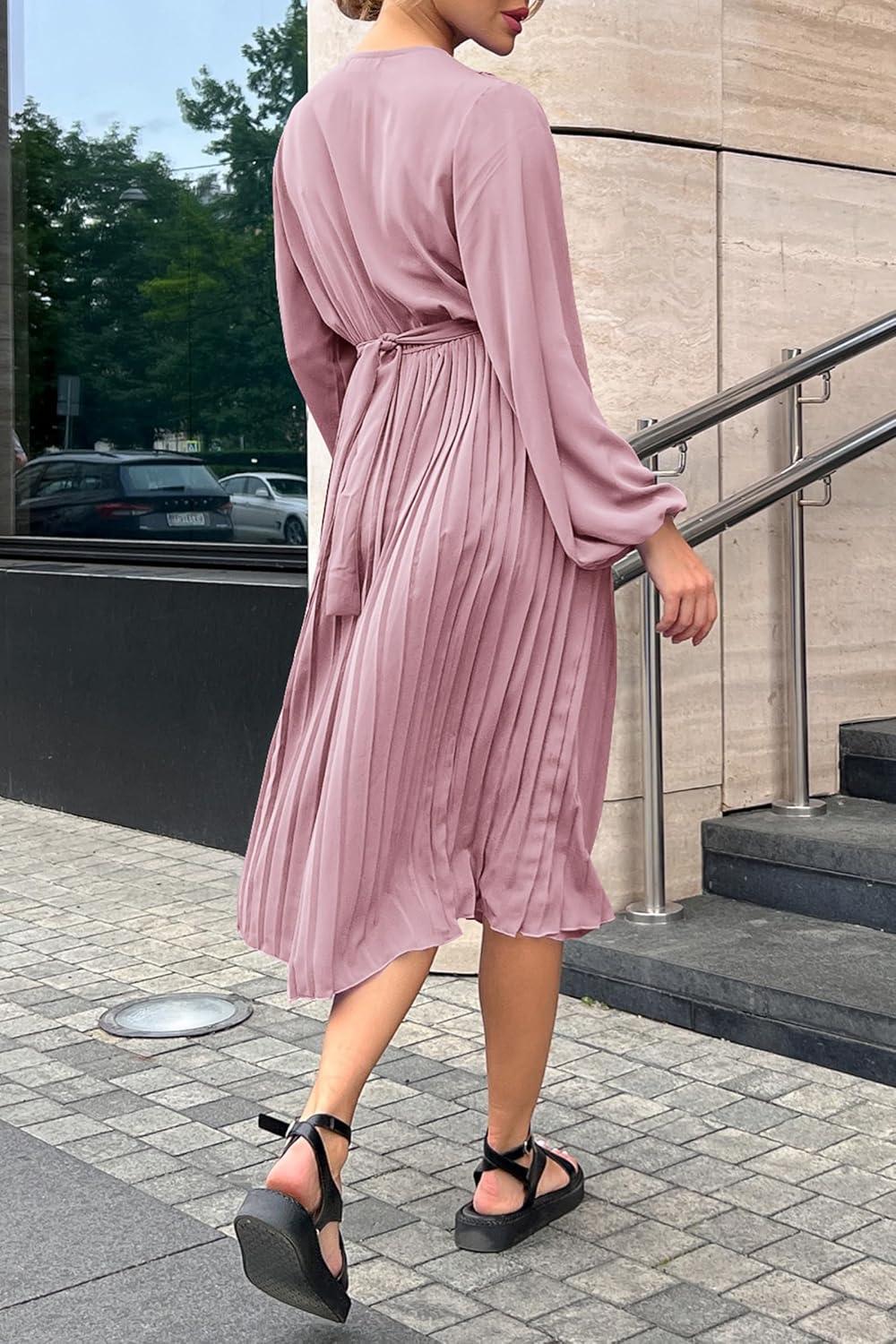 imagePRETTYGARDEN Womens Spring Midi Dress Long Puff Sleeve Wrap V Neck Flowy Ruffle Pleated Casual Fall DressesPink