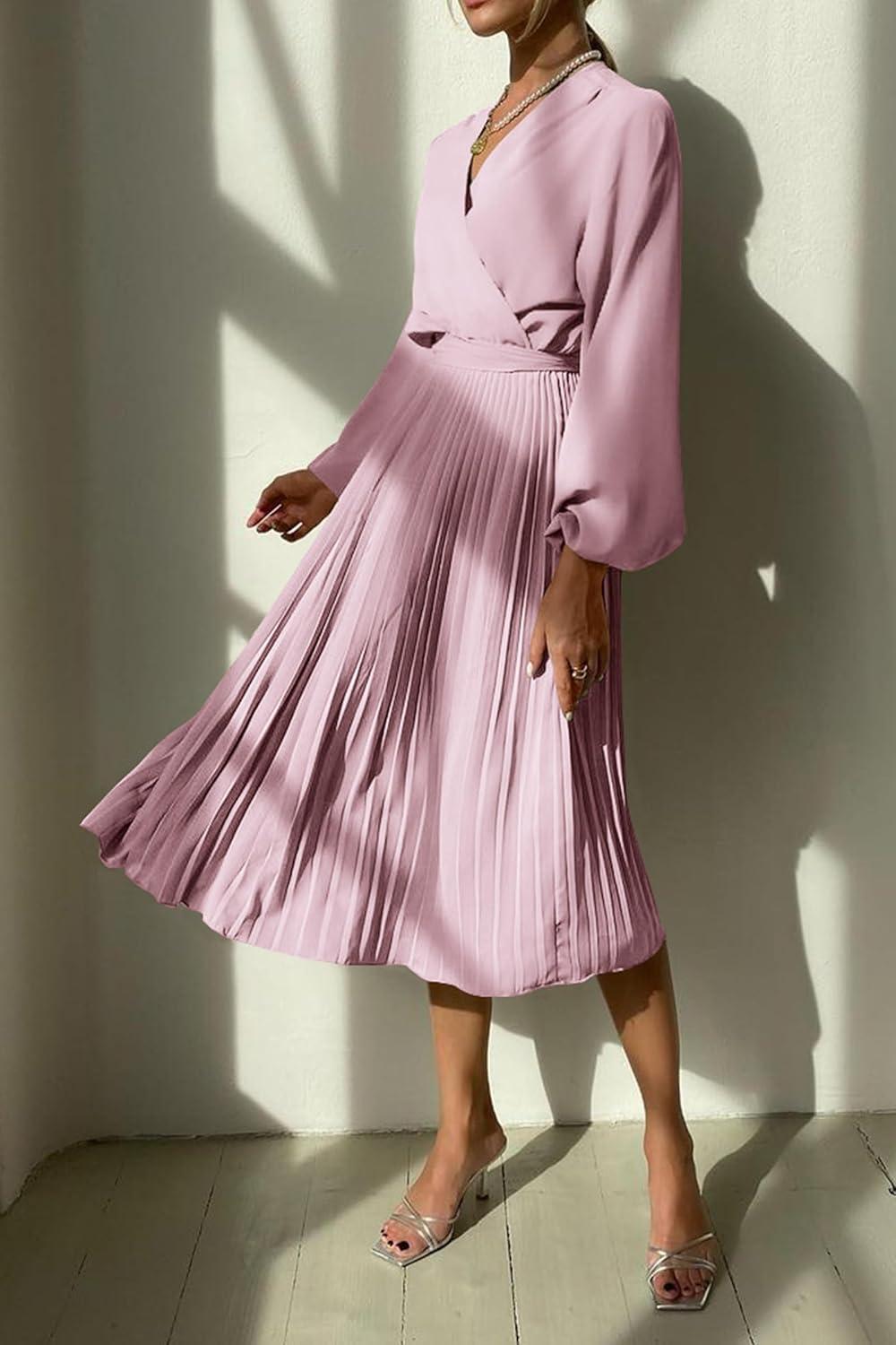 imagePRETTYGARDEN Womens Spring Midi Dress Long Puff Sleeve Wrap V Neck Flowy Ruffle Pleated Casual Fall DressesPink