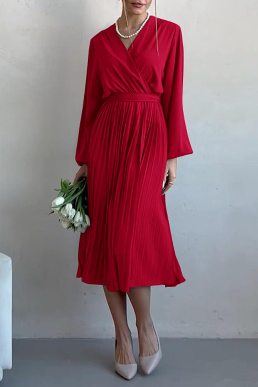 imagePRETTYGARDEN Womens Spring Midi Dress Long Puff Sleeve Wrap V Neck Flowy Ruffle Pleated Casual Fall DressesRed