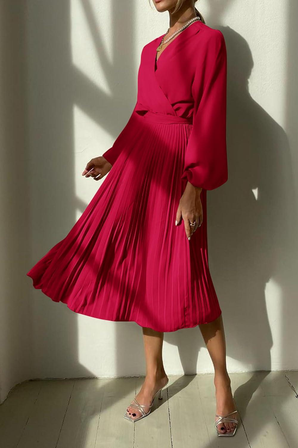 imagePRETTYGARDEN Womens Spring Midi Dress Long Puff Sleeve Wrap V Neck Flowy Ruffle Pleated Casual Fall DressesRed