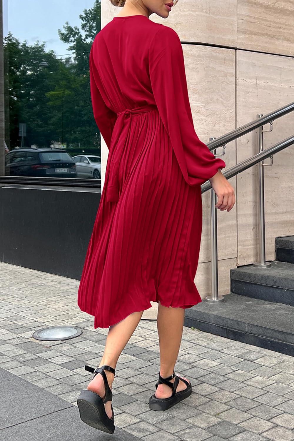 imagePRETTYGARDEN Womens Spring Midi Dress Long Puff Sleeve Wrap V Neck Flowy Ruffle Pleated Casual Fall DressesRed