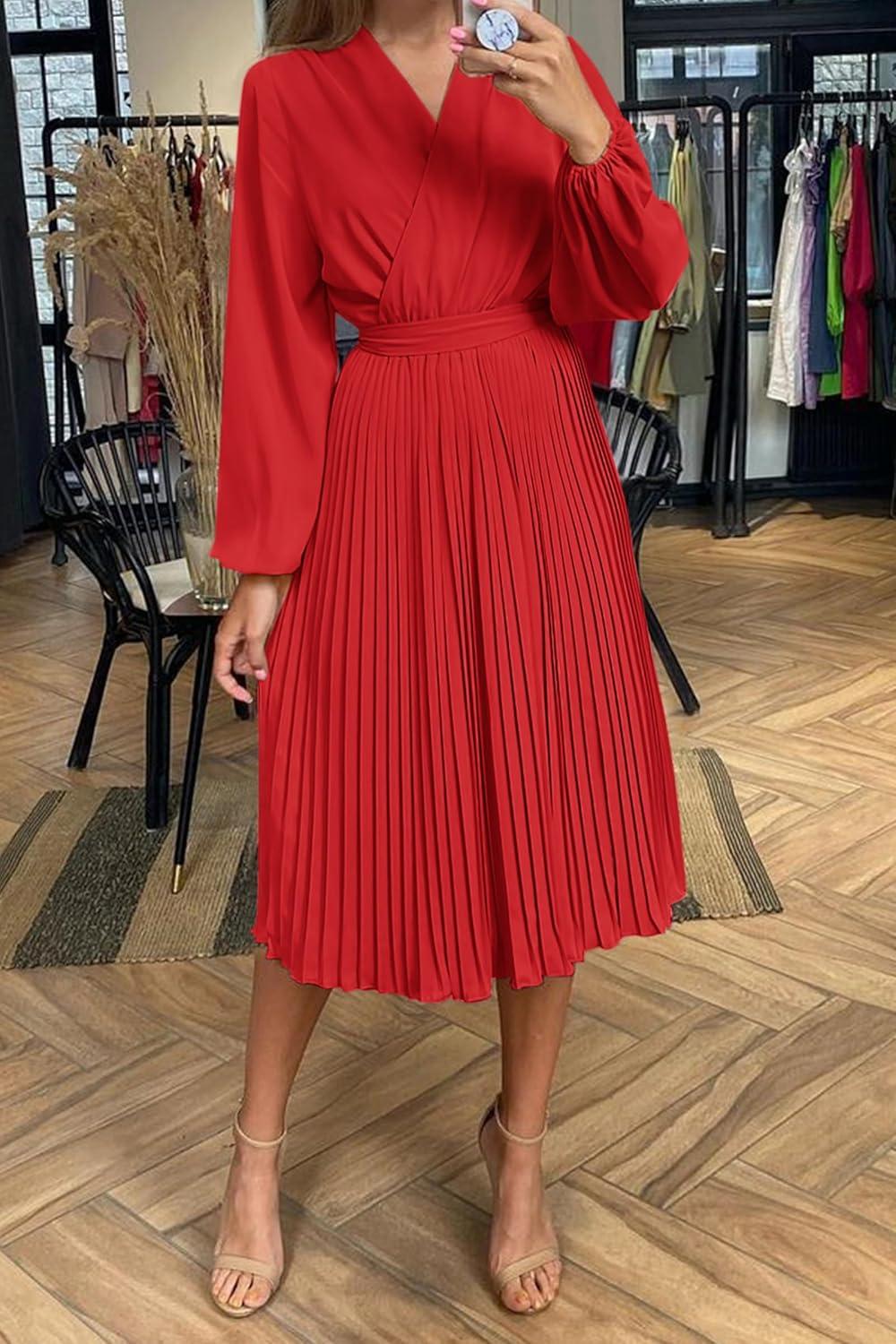 imagePRETTYGARDEN Womens Spring Midi Dress Long Puff Sleeve Wrap V Neck Flowy Ruffle Pleated Casual Fall DressesRed