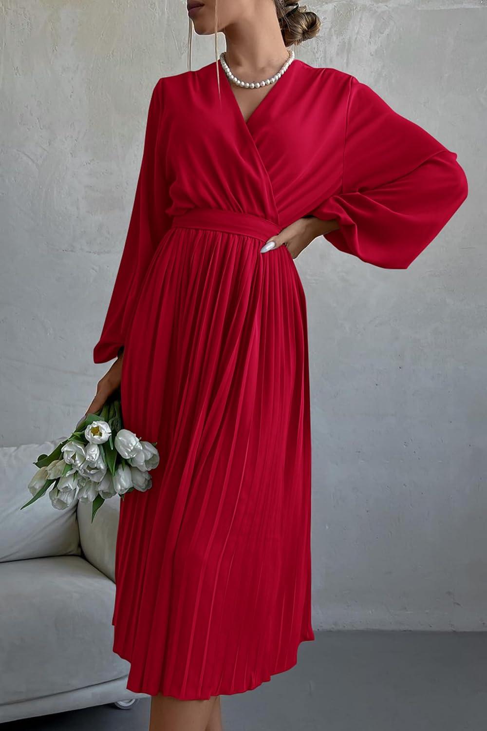 imagePRETTYGARDEN Womens Spring Midi Dress Long Puff Sleeve Wrap V Neck Flowy Ruffle Pleated Casual Fall DressesRed