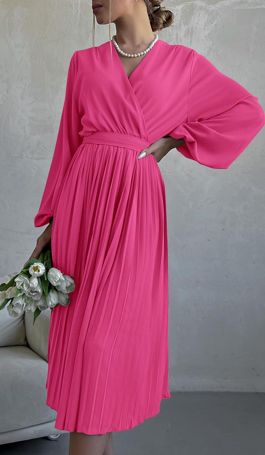 imagePRETTYGARDEN Womens Spring Midi Dress Long Puff Sleeve Wrap V Neck Flowy Ruffle Pleated Casual Fall DressesRose Red