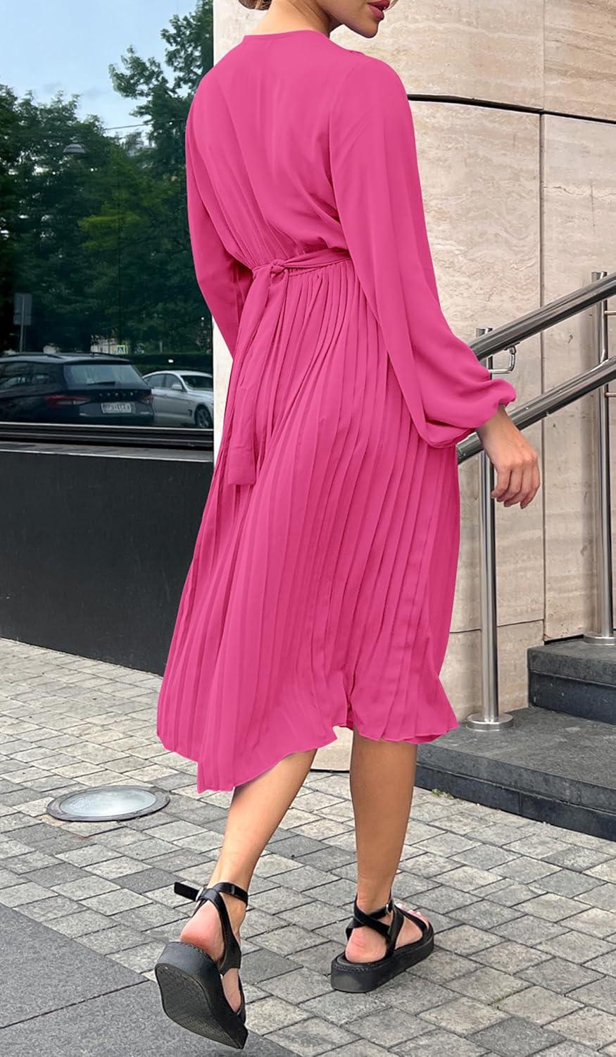 imagePRETTYGARDEN Womens Spring Midi Dress Long Puff Sleeve Wrap V Neck Flowy Ruffle Pleated Casual Fall DressesRose Red