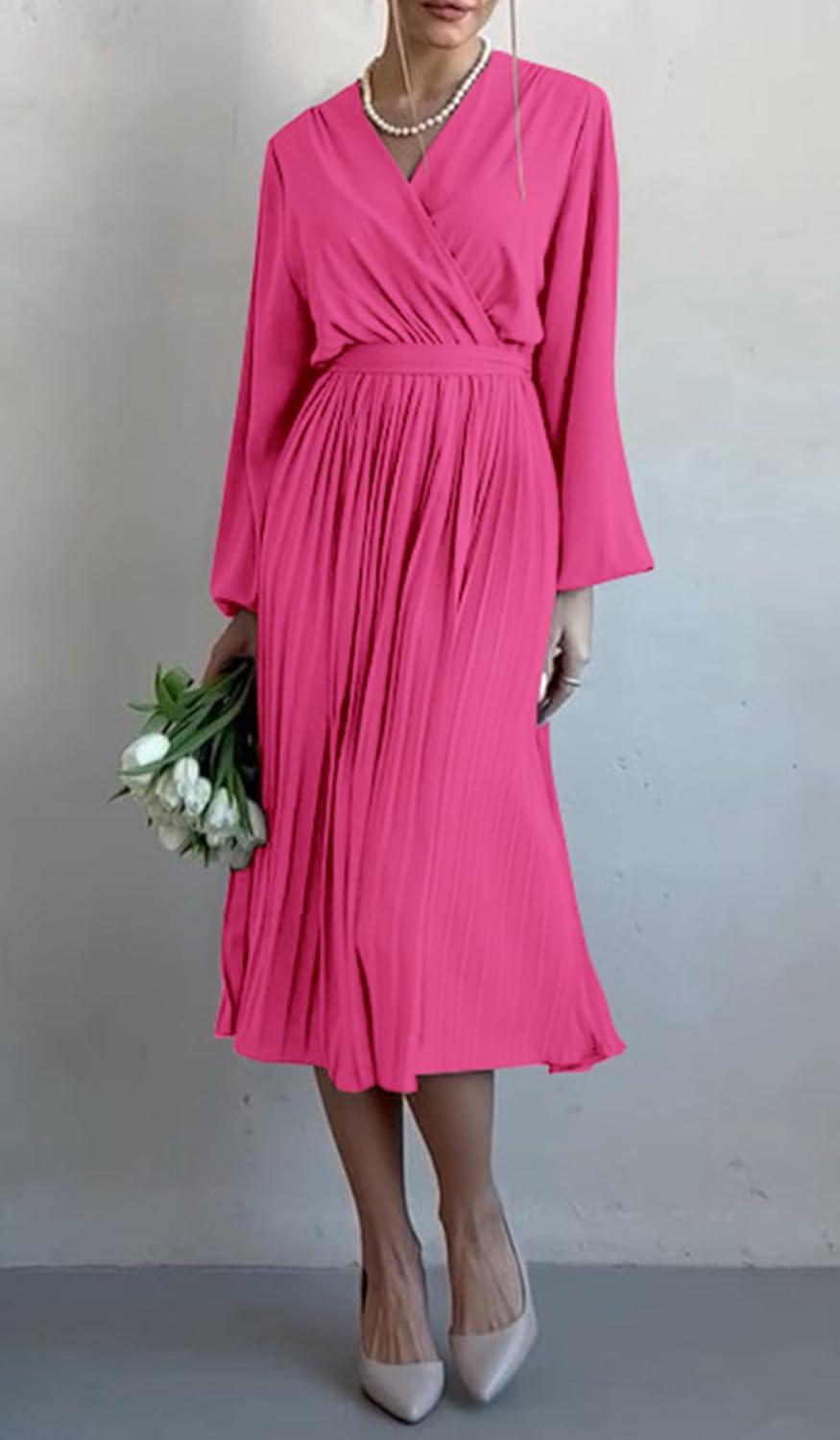 imagePRETTYGARDEN Womens Spring Midi Dress Long Puff Sleeve Wrap V Neck Flowy Ruffle Pleated Casual Fall DressesRose Red