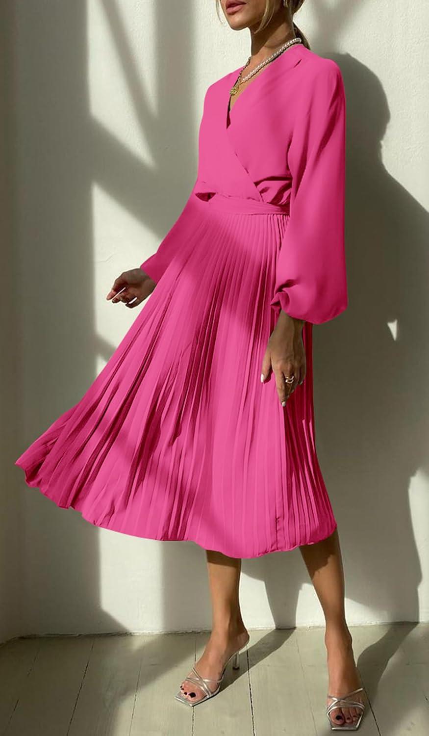 imagePRETTYGARDEN Womens Spring Midi Dress Long Puff Sleeve Wrap V Neck Flowy Ruffle Pleated Casual Fall DressesRose Red