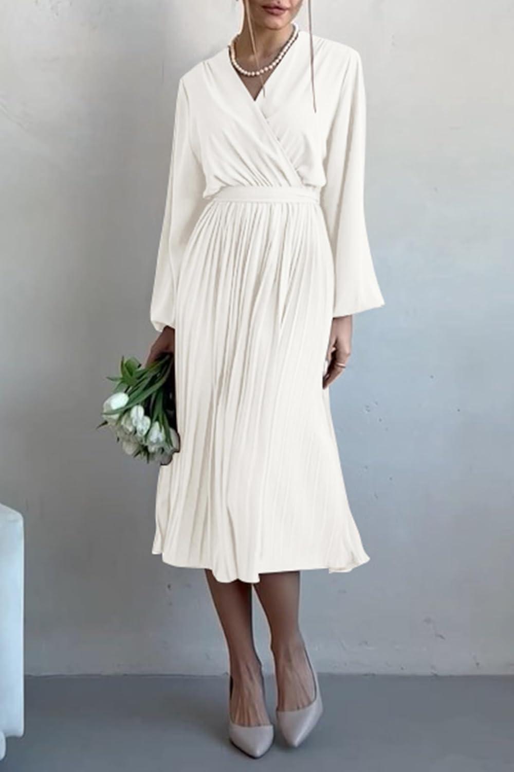 imagePRETTYGARDEN Womens Spring Midi Dress Long Puff Sleeve Wrap V Neck Flowy Ruffle Pleated Casual Fall DressesWhite