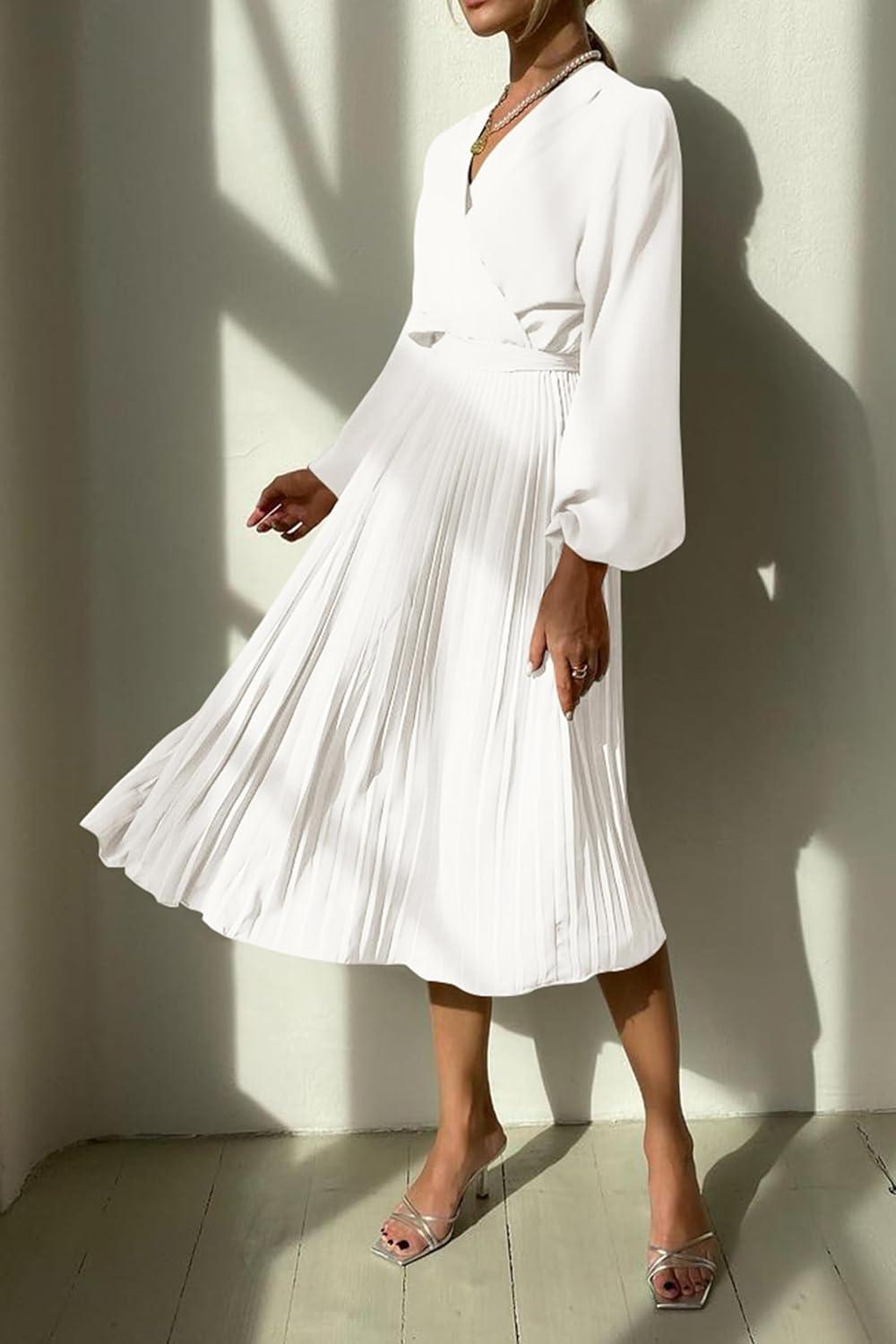 imagePRETTYGARDEN Womens Spring Midi Dress Long Puff Sleeve Wrap V Neck Flowy Ruffle Pleated Casual Fall DressesWhite