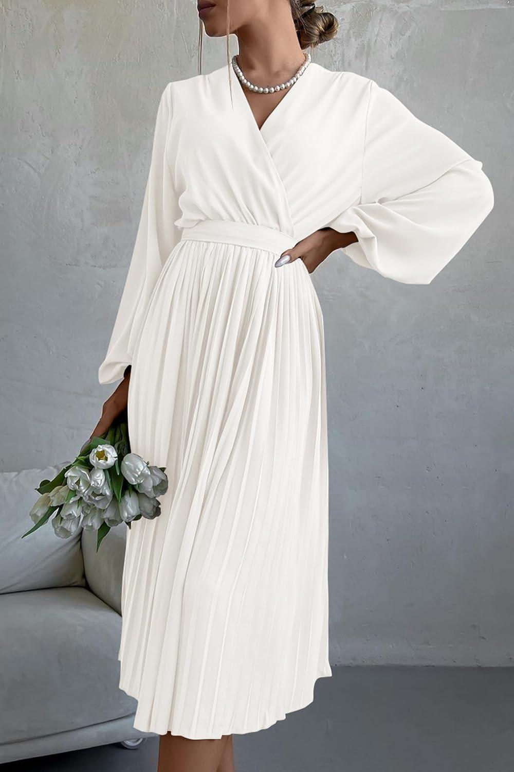 imagePRETTYGARDEN Womens Spring Midi Dress Long Puff Sleeve Wrap V Neck Flowy Ruffle Pleated Casual Fall DressesWhite