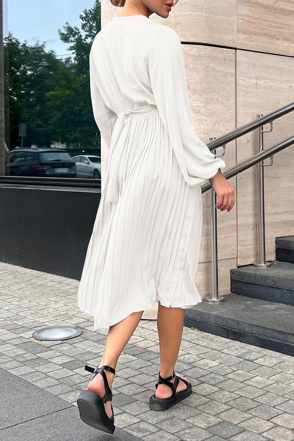 imagePRETTYGARDEN Womens Spring Midi Dress Long Puff Sleeve Wrap V Neck Flowy Ruffle Pleated Casual Fall DressesWhite