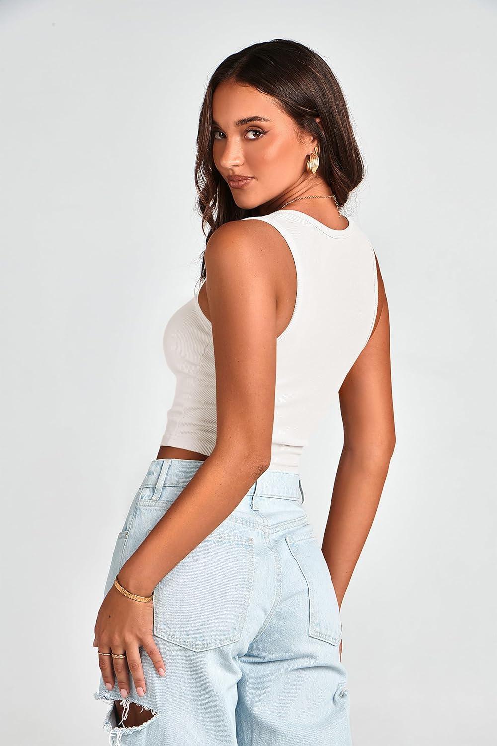 imagePRETTYGARDEN Womens Summer 2 Piece Tank Top Ribbed Knit Square Neck Sleeveless Basic Yoga Workout Crop Tops Shirts Cami White CamelLarge