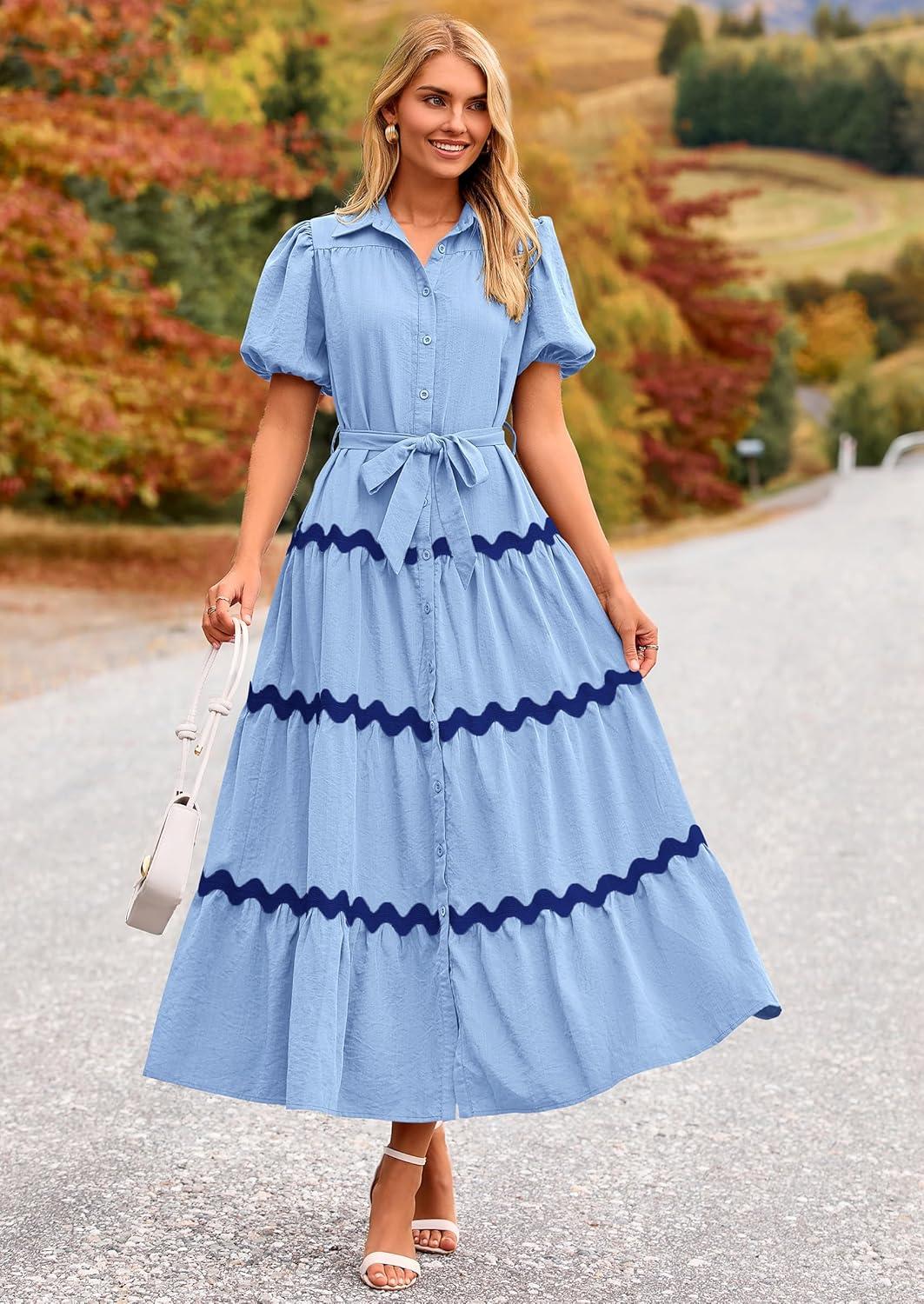 imagePRETTYGARDEN Womens Summer Maxi Dress Button Down Puff Short Sleeve Ruffle Casual Elegant Long Flowy Shirt Dresses with Belt Light BlueBlueMedium
