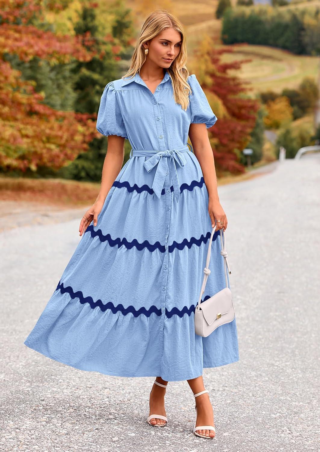imagePRETTYGARDEN Womens Summer Maxi Dress Button Down Puff Short Sleeve Ruffle Casual Elegant Long Flowy Shirt Dresses with Belt Light BlueBlueMedium