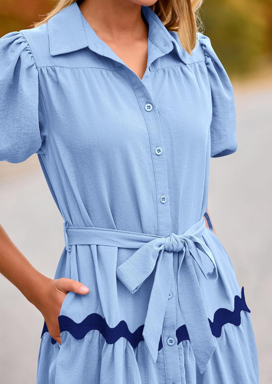 imagePRETTYGARDEN Womens Summer Maxi Dress Button Down Puff Short Sleeve Ruffle Casual Elegant Long Flowy Shirt Dresses with Belt Light BlueBlueMedium
