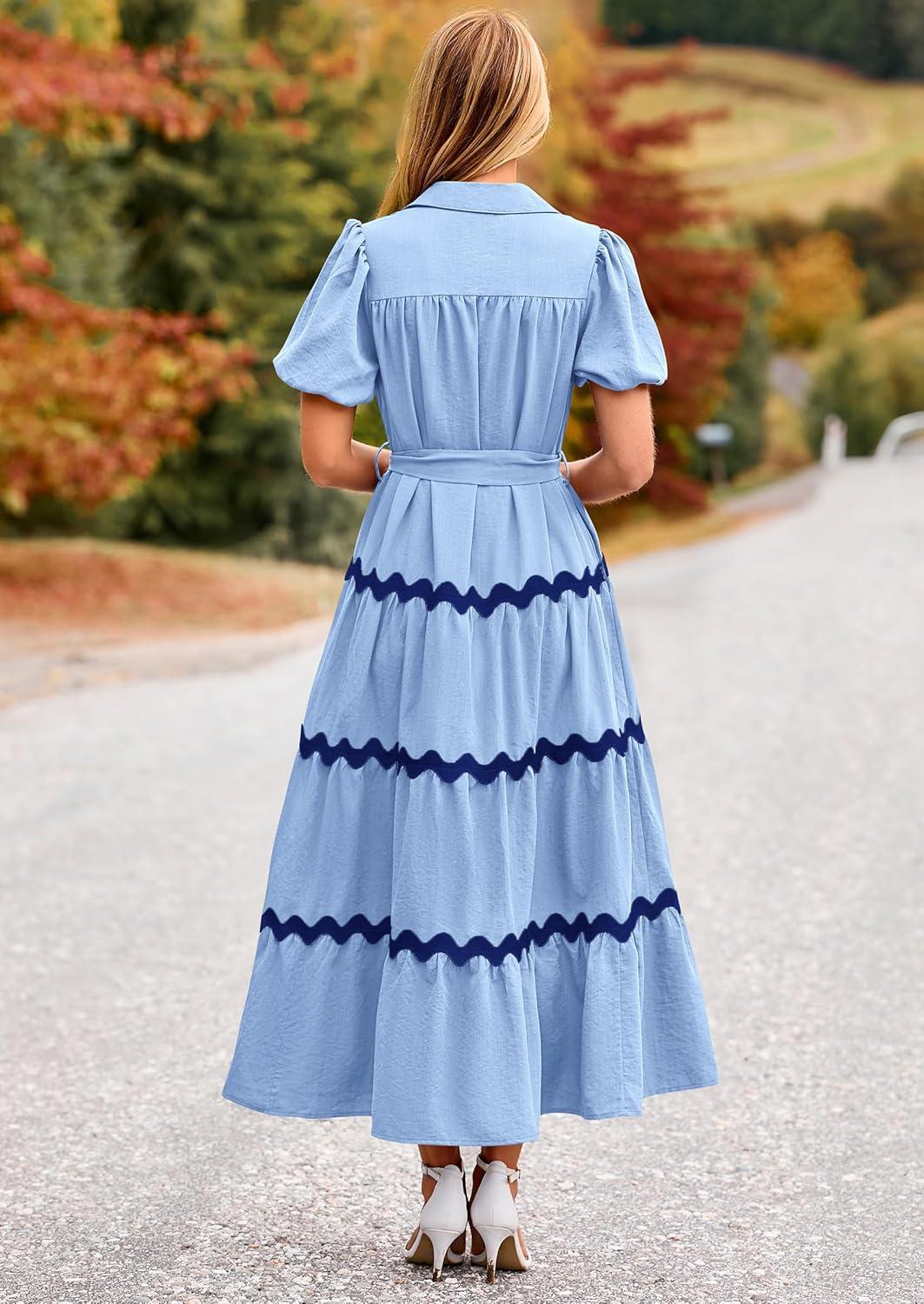 imagePRETTYGARDEN Womens Summer Maxi Dress Button Down Puff Short Sleeve Ruffle Casual Elegant Long Flowy Shirt Dresses with Belt Light BlueBlueMedium