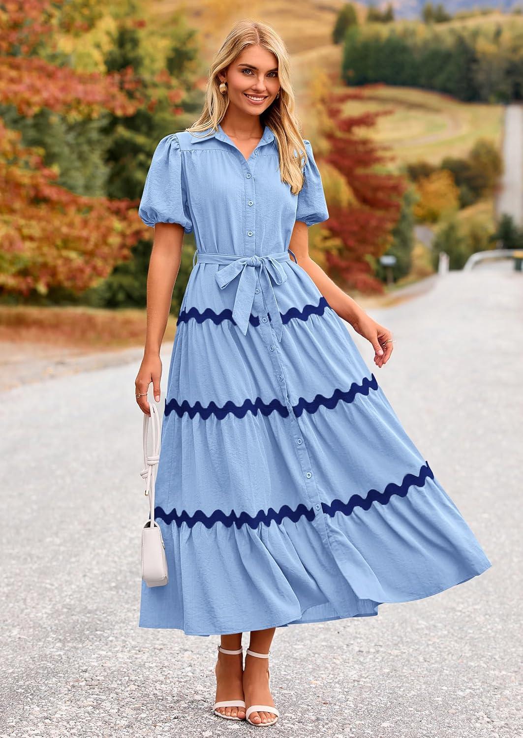 imagePRETTYGARDEN Womens Summer Maxi Dress Button Down Puff Short Sleeve Ruffle Casual Elegant Long Flowy Shirt Dresses with Belt Light BlueBlueMedium