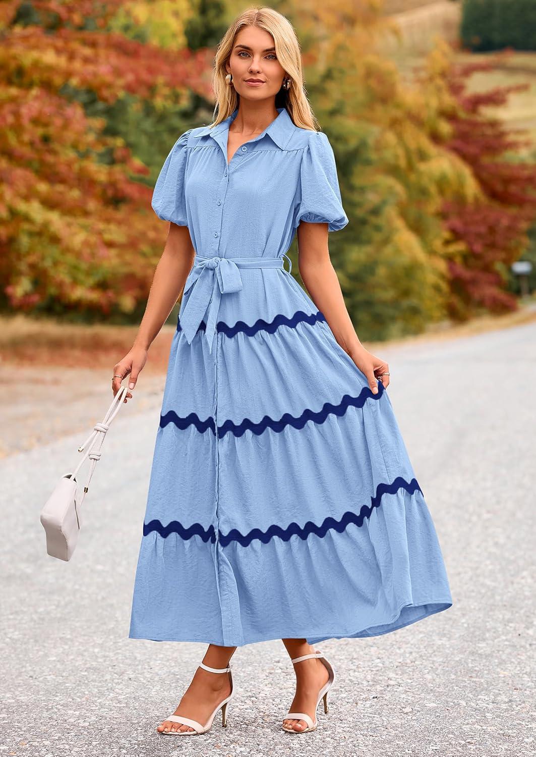 imagePRETTYGARDEN Womens Summer Maxi Dress Button Down Puff Short Sleeve Ruffle Casual Elegant Long Flowy Shirt Dresses with Belt Light BlueBlueMedium
