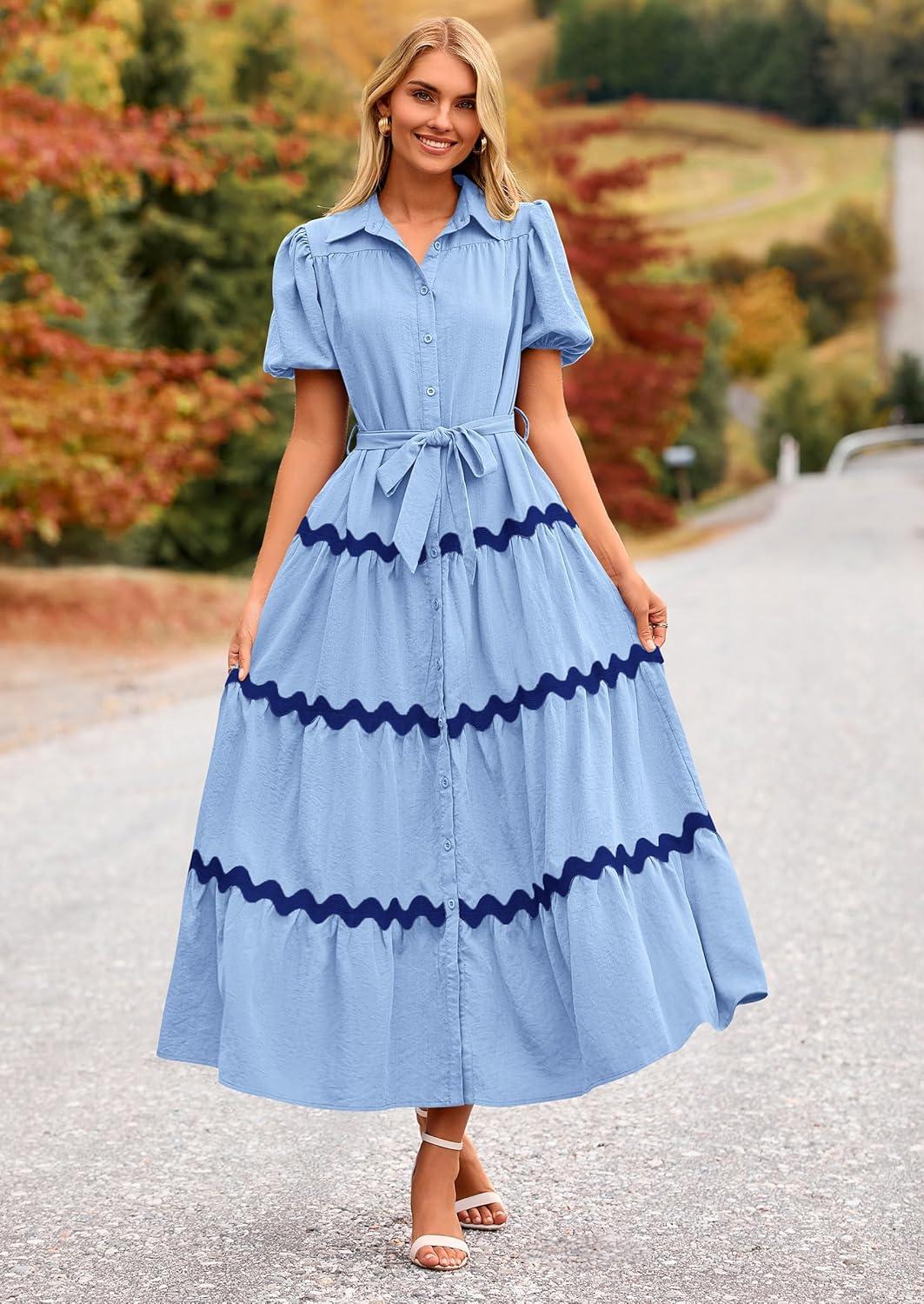 imagePRETTYGARDEN Womens Summer Maxi Dress Button Down Puff Short Sleeve Ruffle Casual Elegant Long Flowy Shirt Dresses with Belt Light BlueBlueMedium
