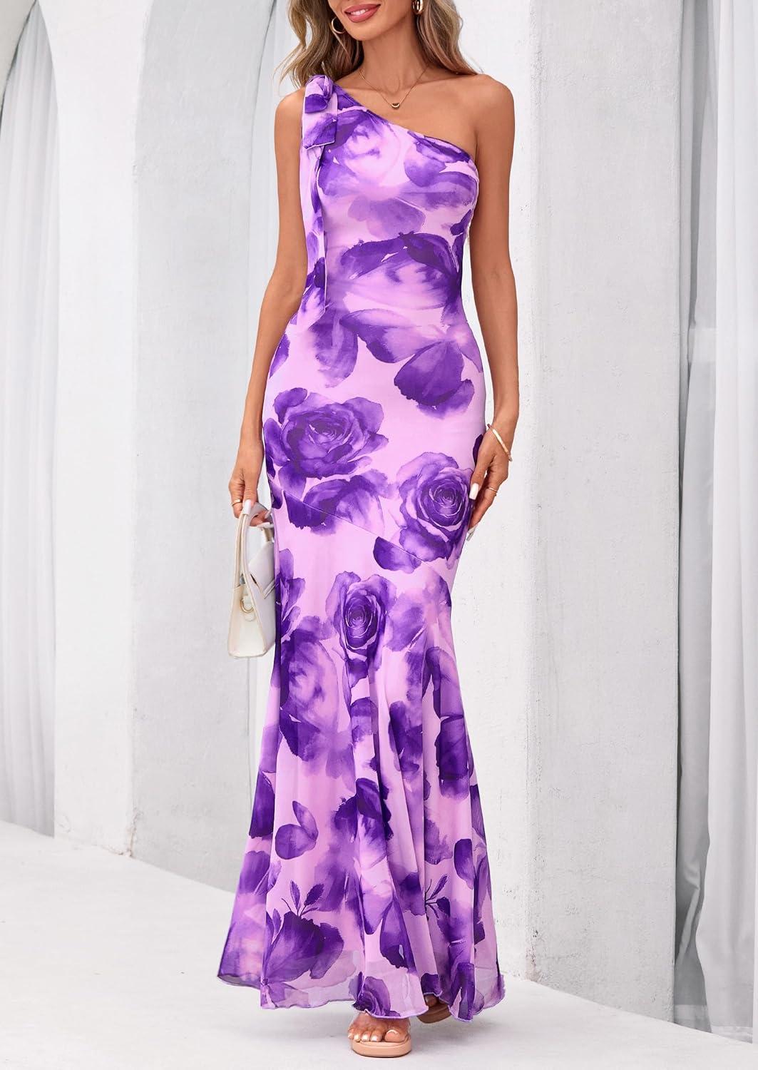imagePRETTYGARDEN Womens Summer One Shoulder Maxi Dress 2026 Floral Sleeveless Bodycon Mesh Long Beach Vacation Sun DressesPurple Flower