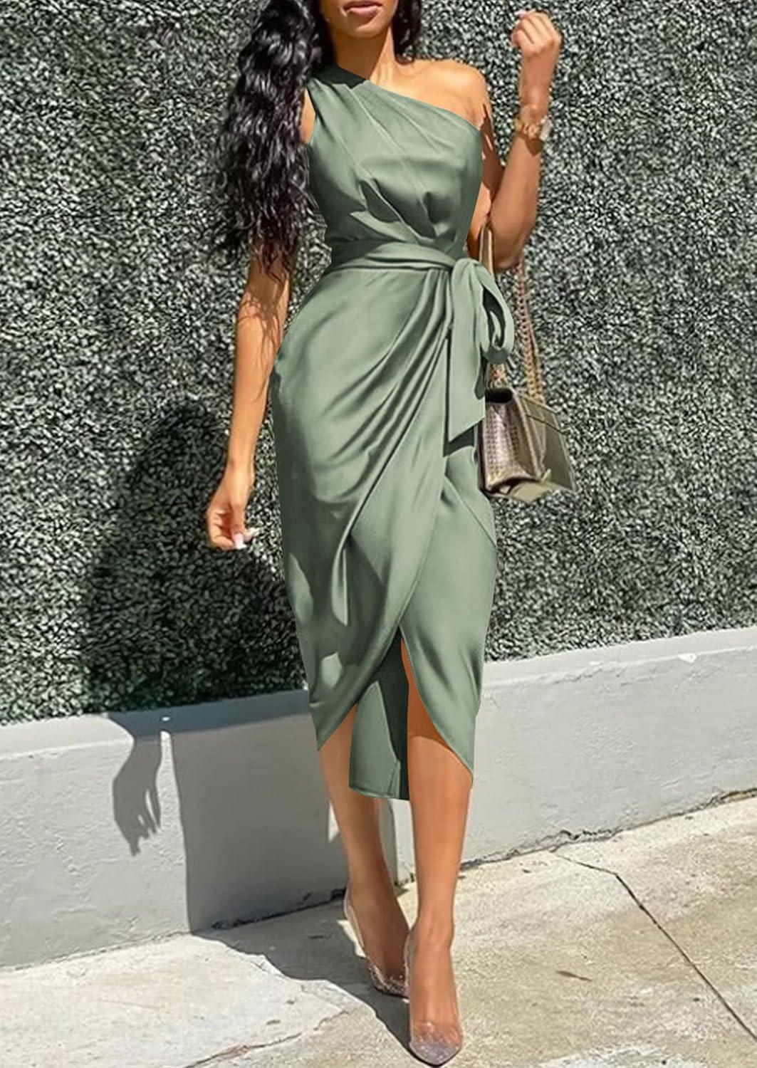 imagePRETTYGARDEN Womens Summer One Shoulder Ruched Satin Dress Sleeveless Wrap Spring Wedding Guest Cocktail Midi DressArmy Green